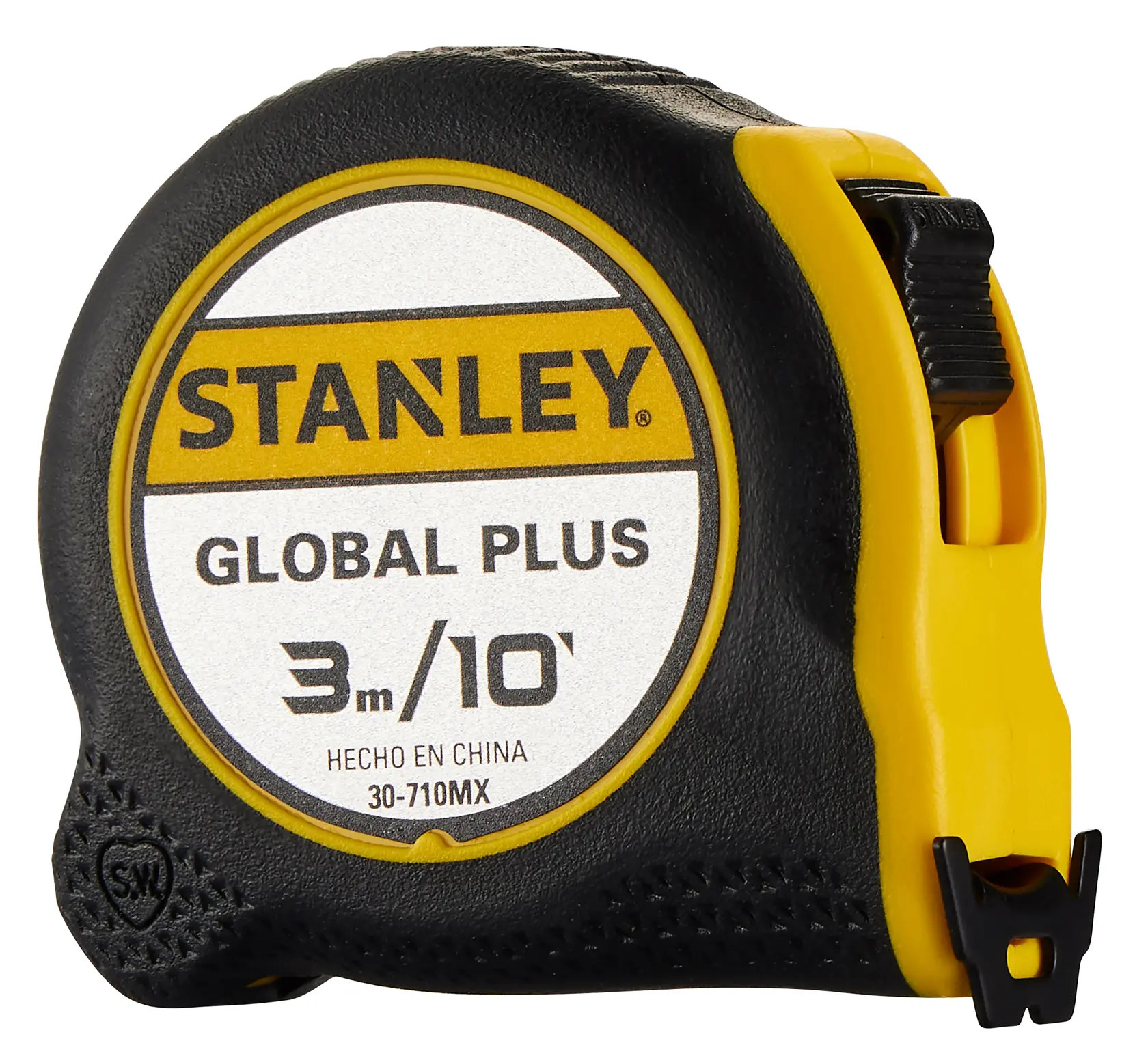 Cinta métrica STANLEY 30-710MX, modelo GLOBAL PLUS, negra y amarilla, 3m/10ft, ángulo frontal sobre fondo blanco.