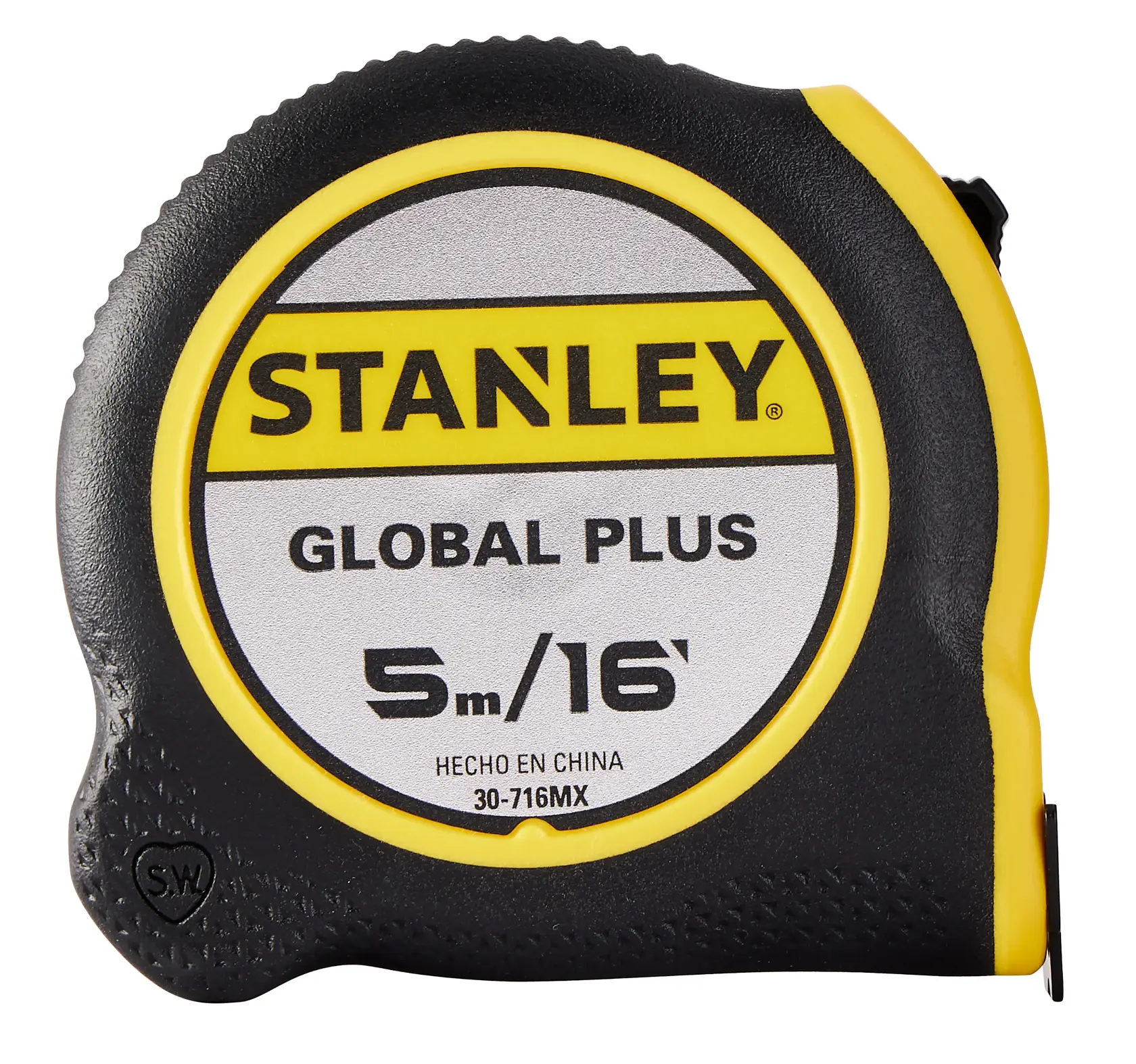 STANLEY 30-716MX cinta métrica, negra y amarilla, 5m/16ft, vista frontal sobre fondo blanco.