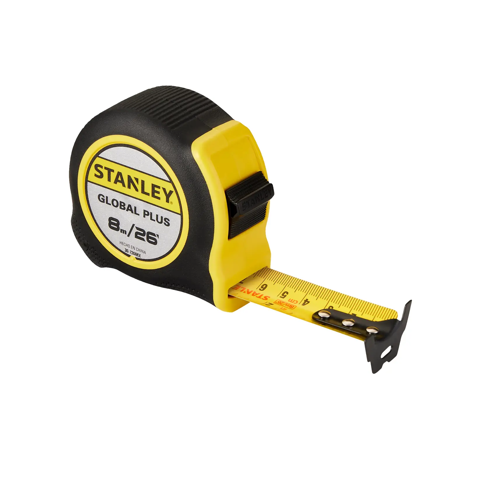 Cinta métrica STANLEY 30-726MX Global Plus, caja amarilla y negra, hoja de medición amarilla extendida, vista frontal.