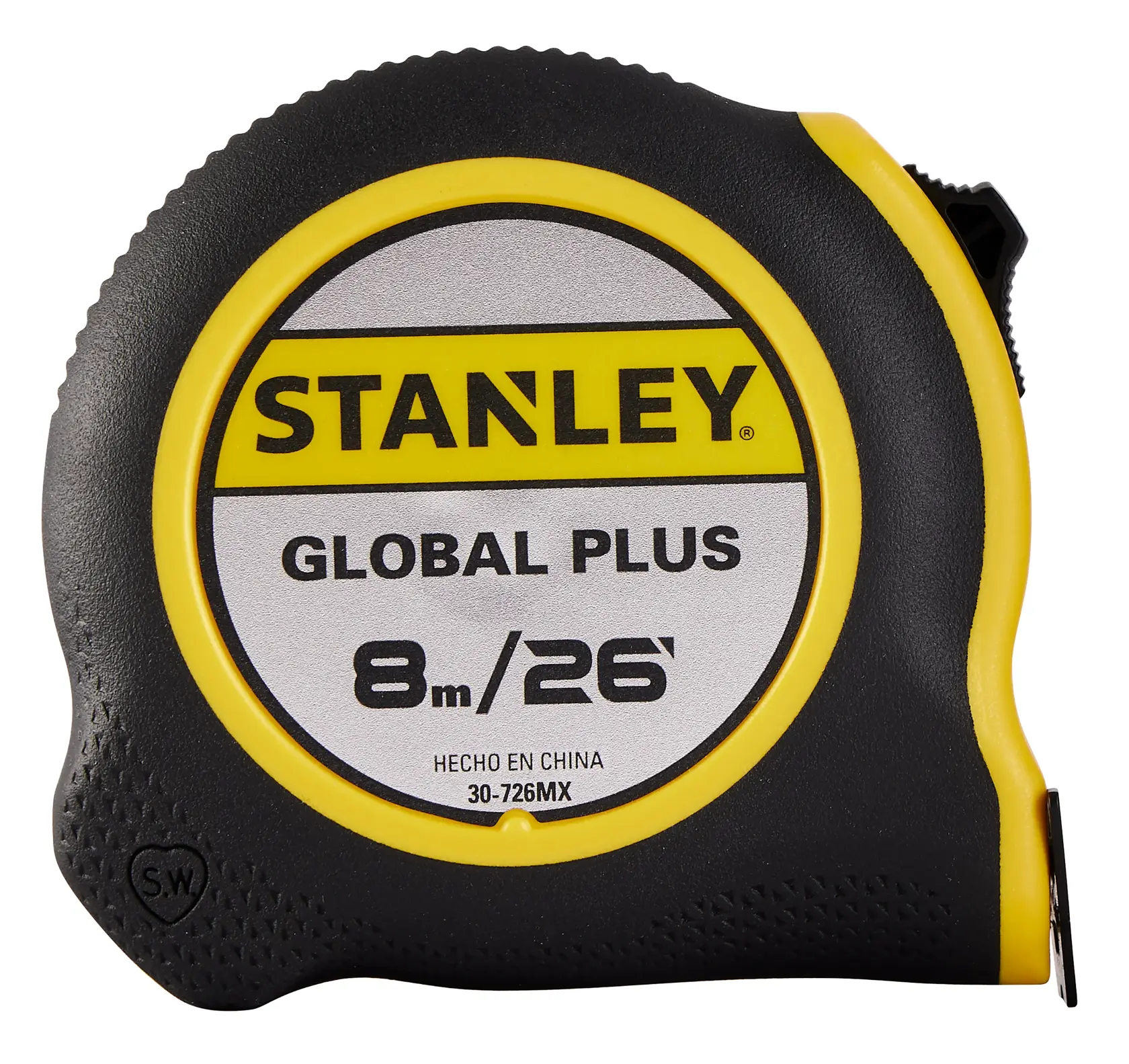 Stanley 30-726MX cinta métrica, carcasa negra y amarilla, vista frontal, modelo Global Plus 8m/26ft.
