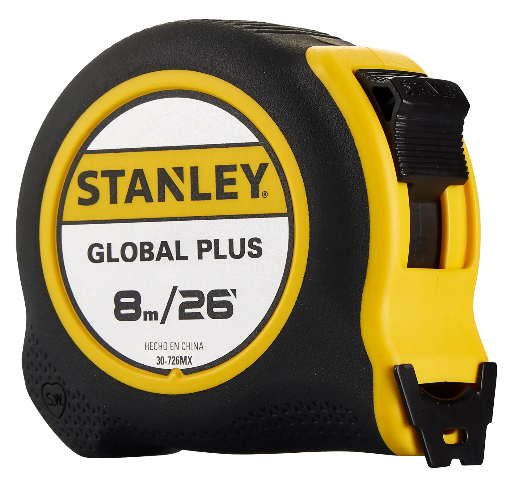 Cinta métrica STANLEY 30-726MX, amarilla y negra, GLOBAL PLUS 8m/26ft, ángulo frontal sobre fondo blanco.