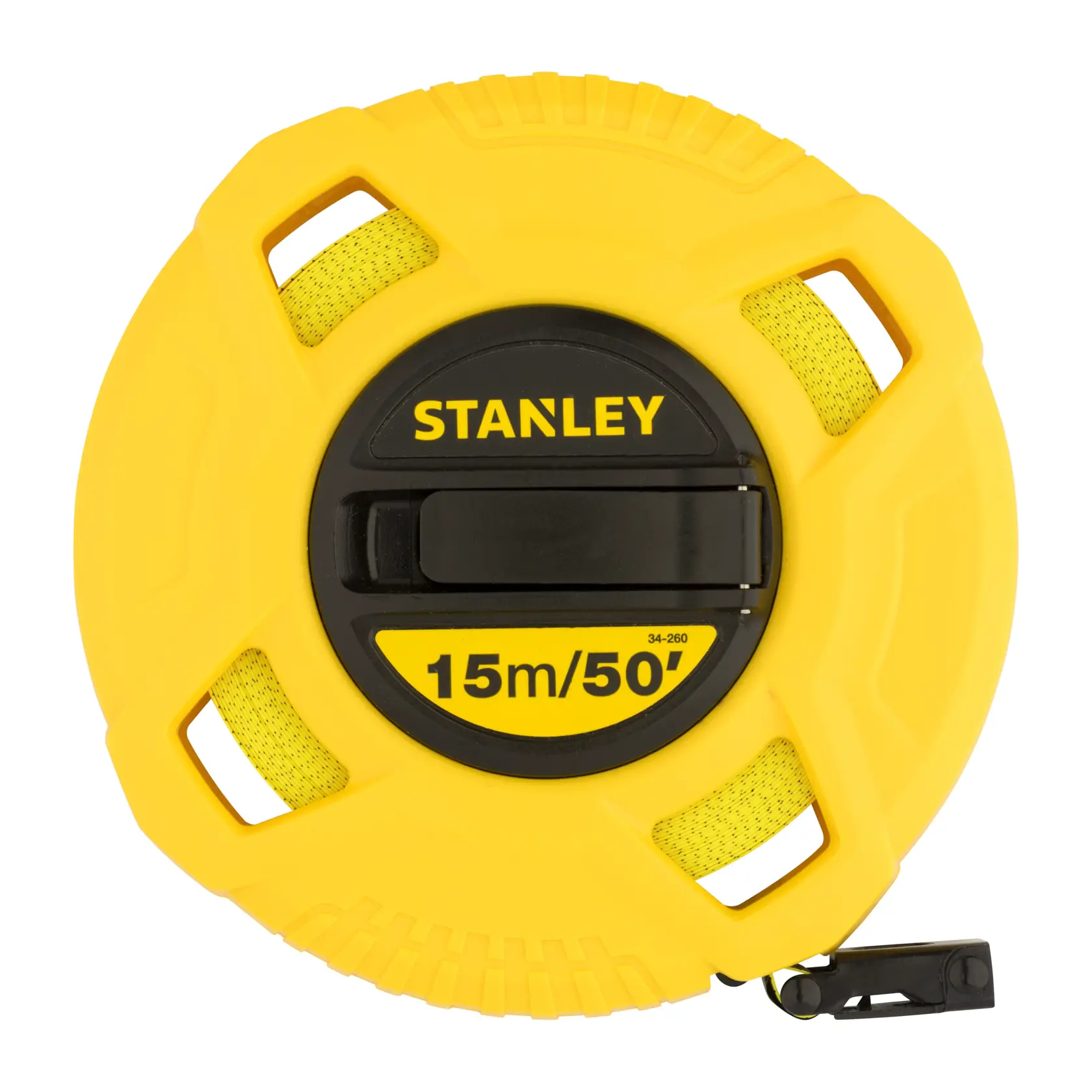Cinta métrica de fibra de vidrio Stanley 34-260 amarilla, 15m/50ft, ángulo frontal, fotografía fondo blanco.