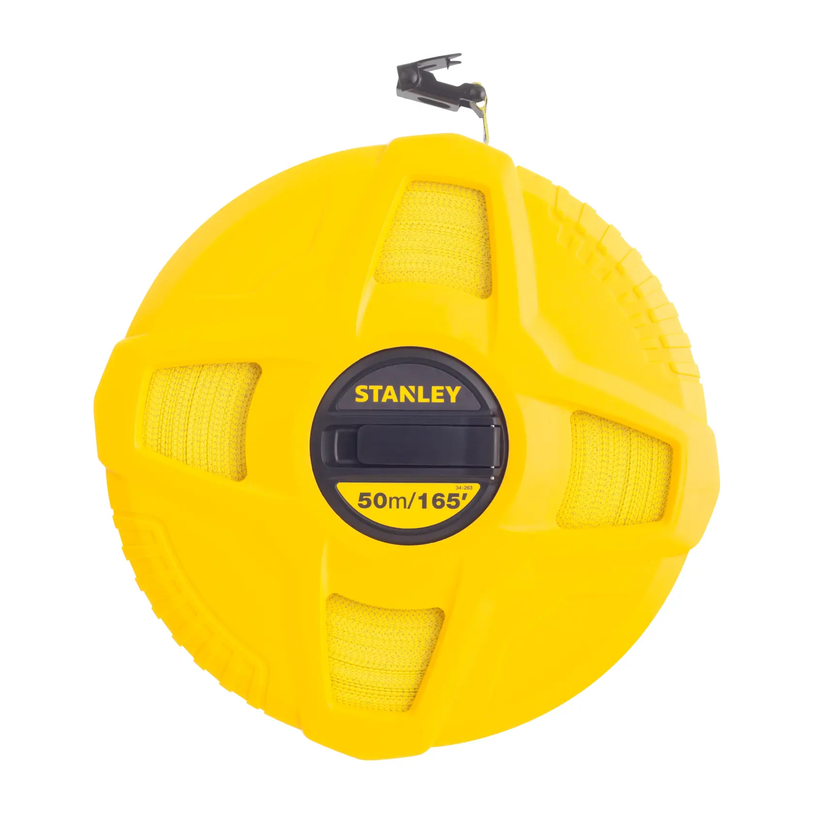 Stanley 34-263 cinta métrica de carrete abierto amarilla 50m, ángulo frontal, herramienta de medición sobre fondo blanco.