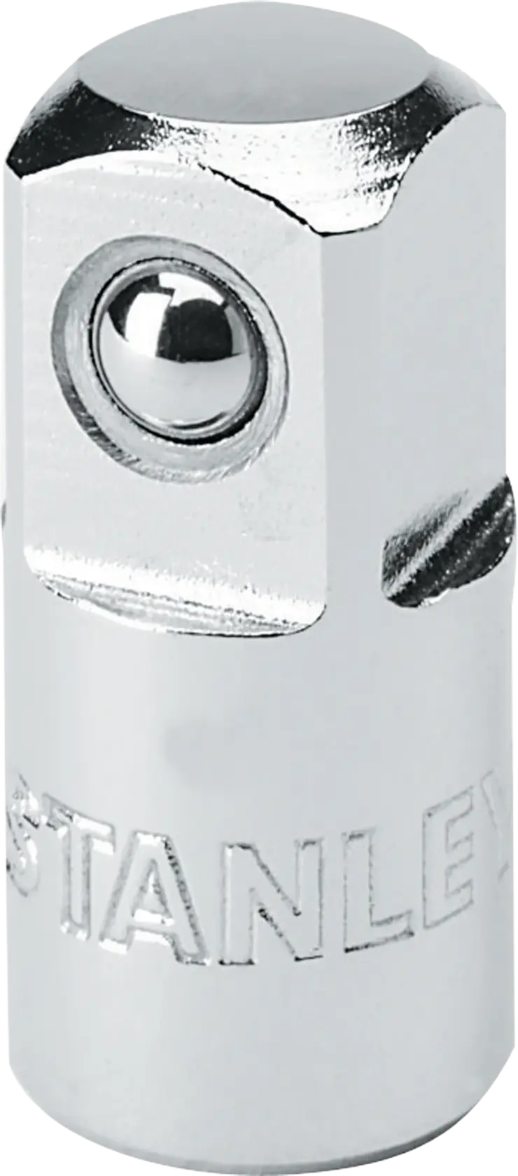 Adaptador de cubo cromado STANLEY 4-86-002, forma cilíndrica, foto frontal sobre fondo blanco.