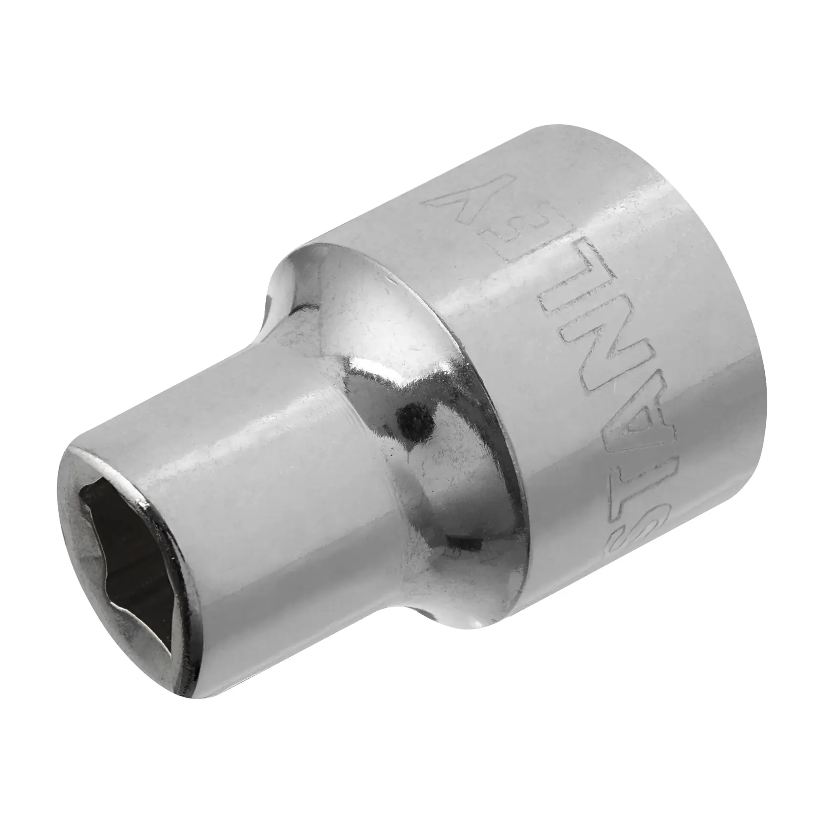 Fotografía de Stanley 4-86-303, dado cromado visto de lado, abertura hexagonal y marca grabada.