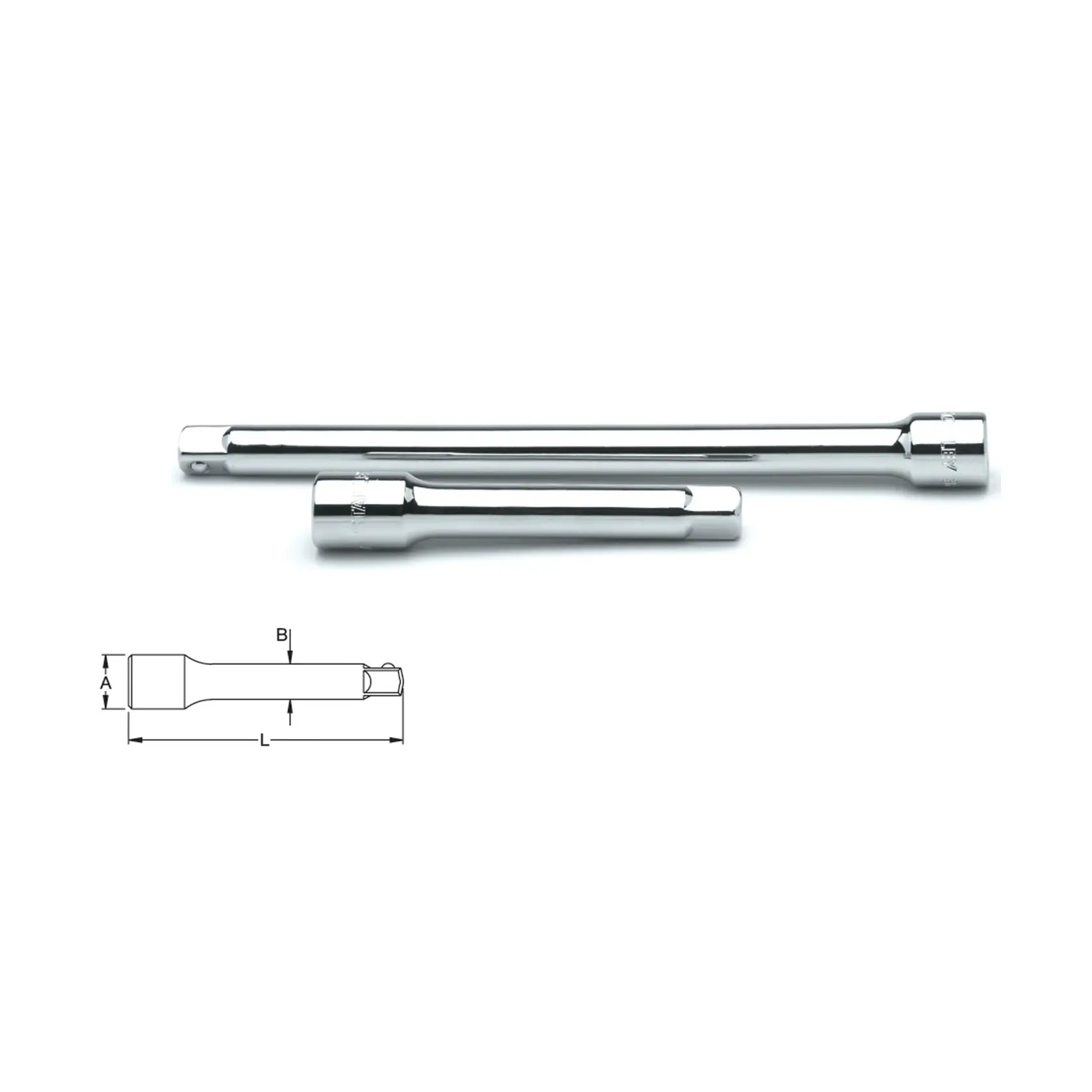STANLEY 4-86-408 barras de extensión cromadas, juego de dos, vista lateral y dibujo técnico con detalles de longitud y ancho.