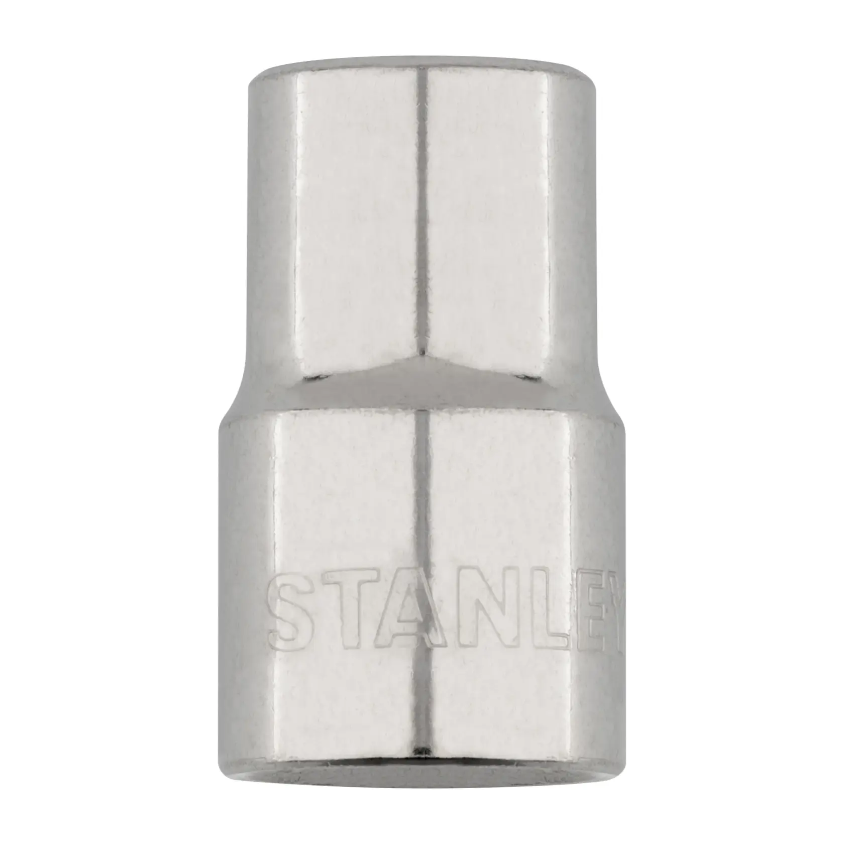 STANLEY 4-86-513 dado cromado, hexagonal, vista frontal, accesorio de herramienta sobre fondo blanco.