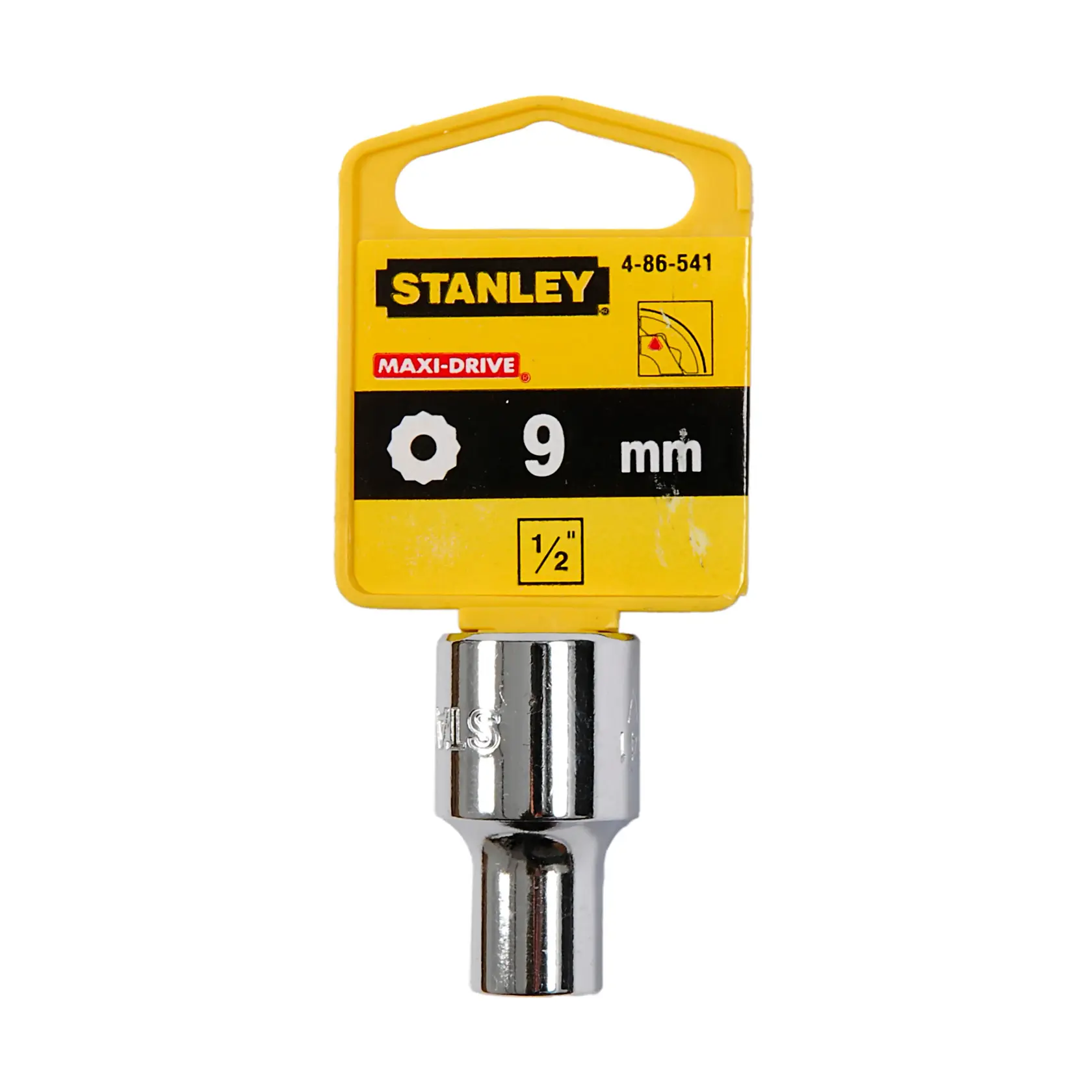 STANLEY 4-86-541 dado MAXI-DRIVE de 9mm, acabado cromado, ángulo frontal, sobre fondo blanco.
