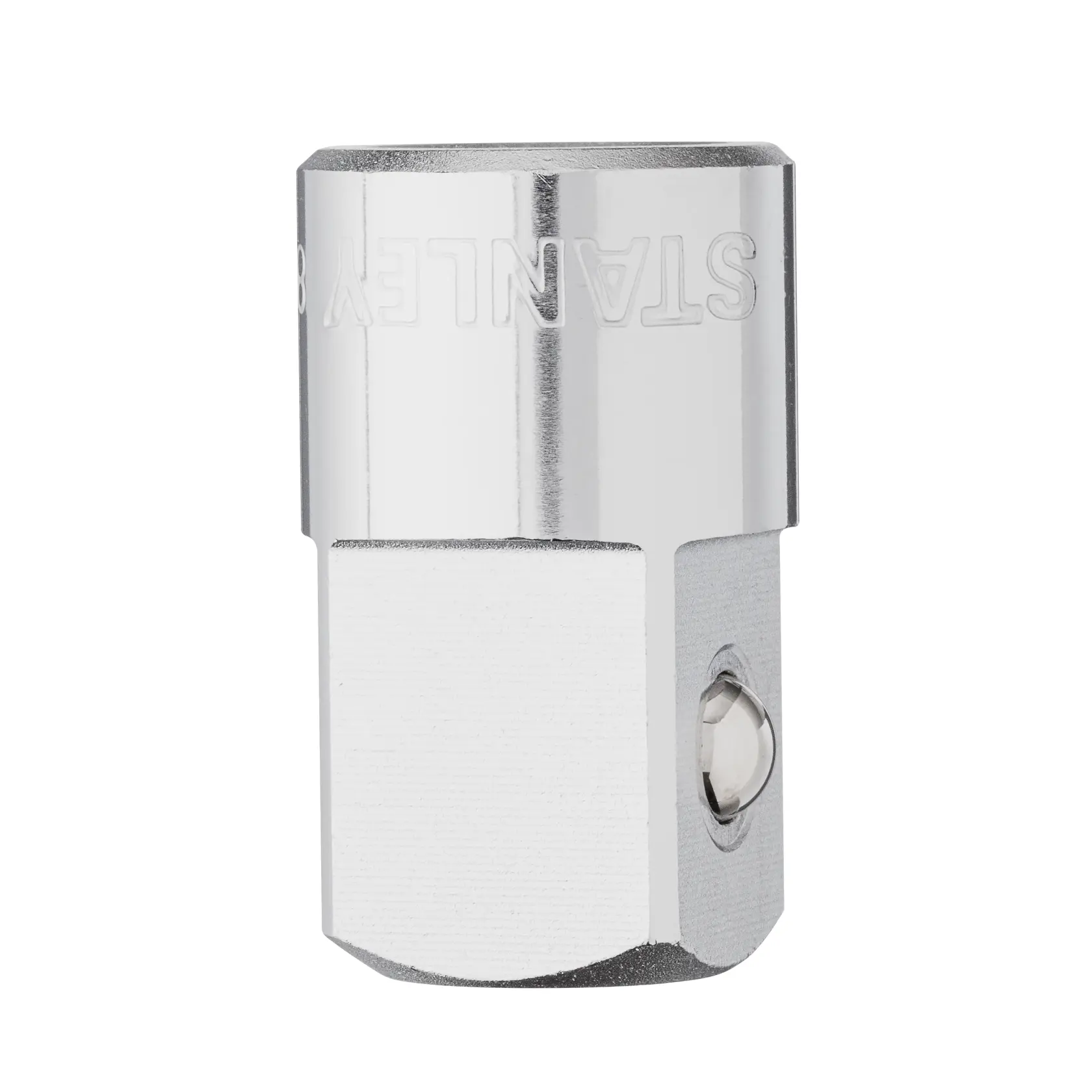 Adaptador de dado cromado STANLEY 4-88-558, vista de cerca en fondo blanco, para herramientas manuales.