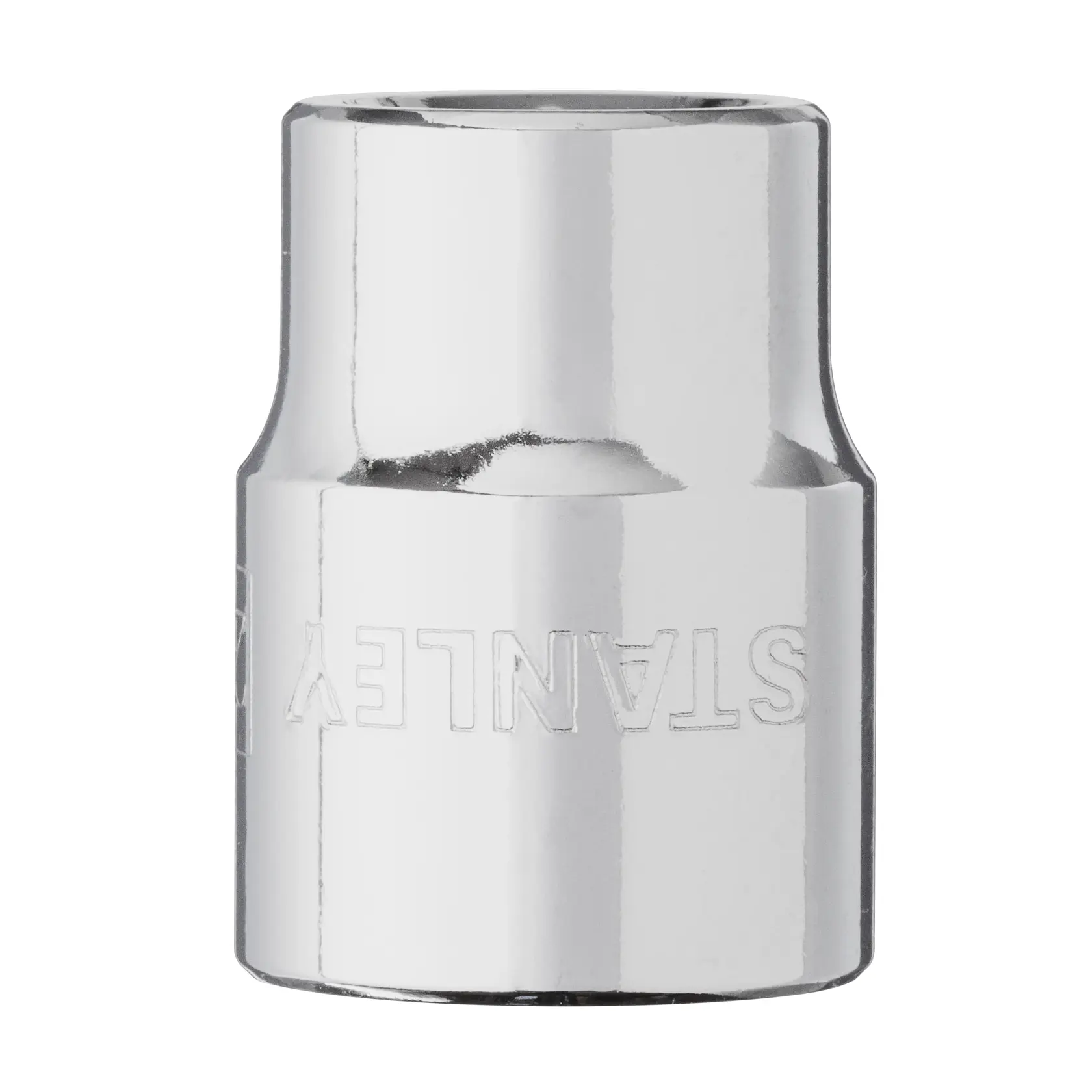 STANLEY 4-88-743 vaso cromado, vista lateral, acabado brillante, logo grabado, accesorio de herramienta sobre fondo blanco.