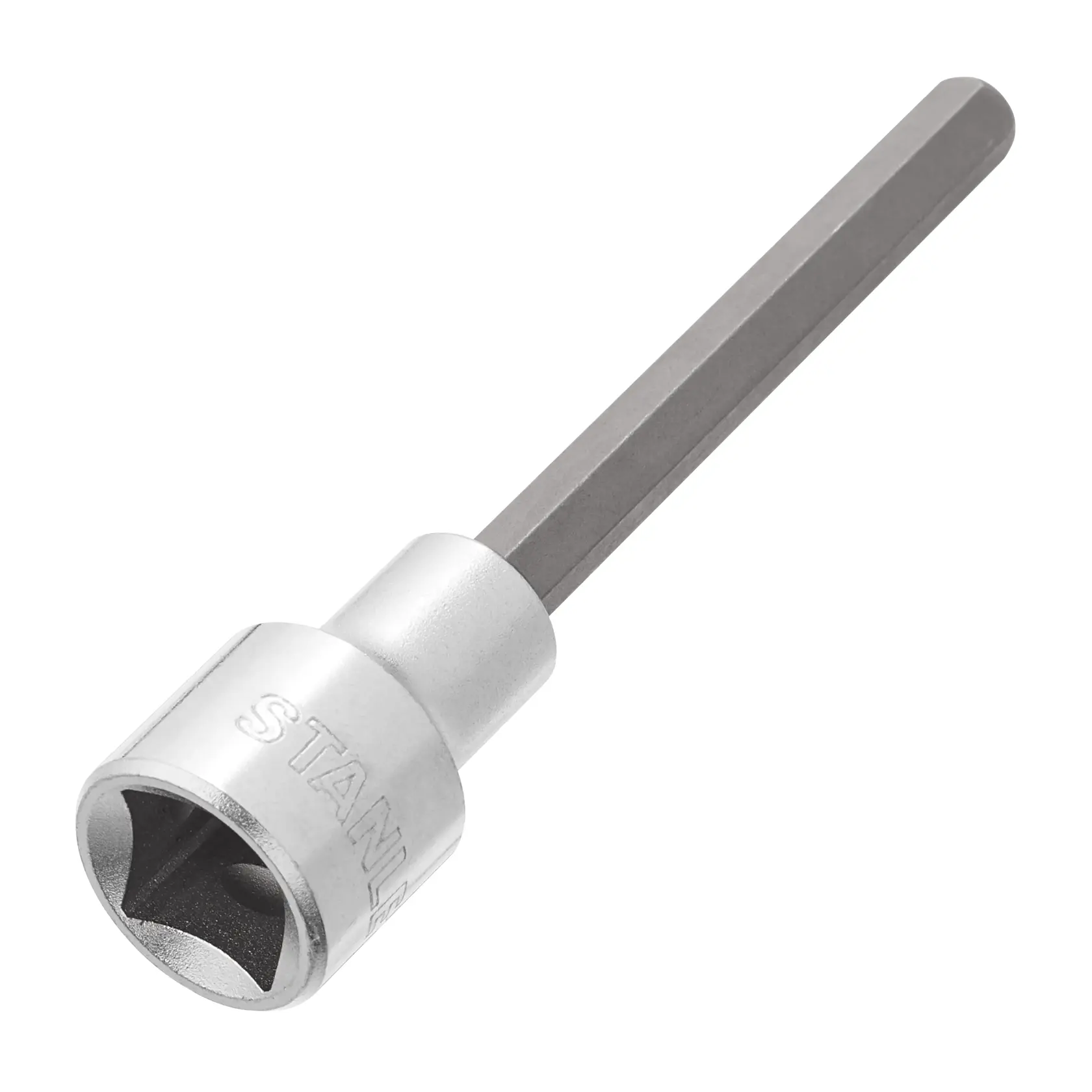 STANLEY 4-89-202 dado punta hexagonal, acero plateado, ángulo lateral sobre fondo blanco.