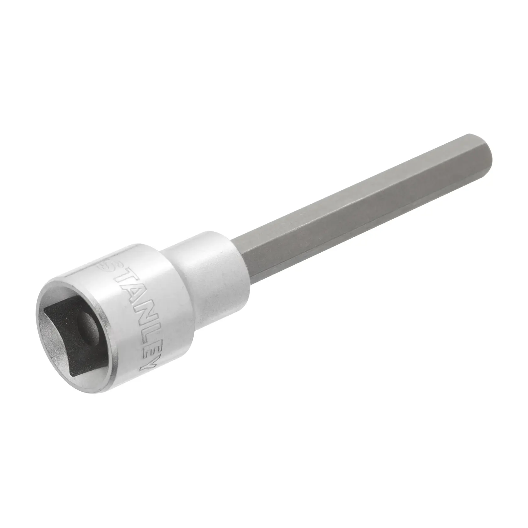 STANLEY 4-89-203 dado con punta hexagonal, herramienta plateada sobre fondo blanco, vista lateral.