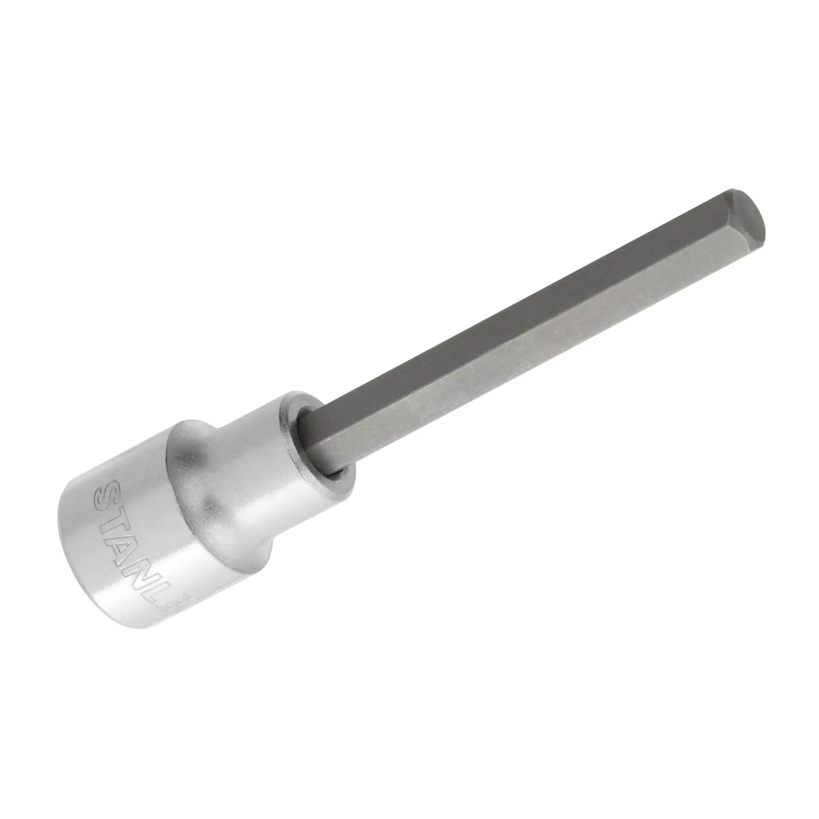 STANLEY 4-89-203 dado punta hexagonal, cuerpo de acero color plata con vástago largo hexagonal, foto en ángulo.