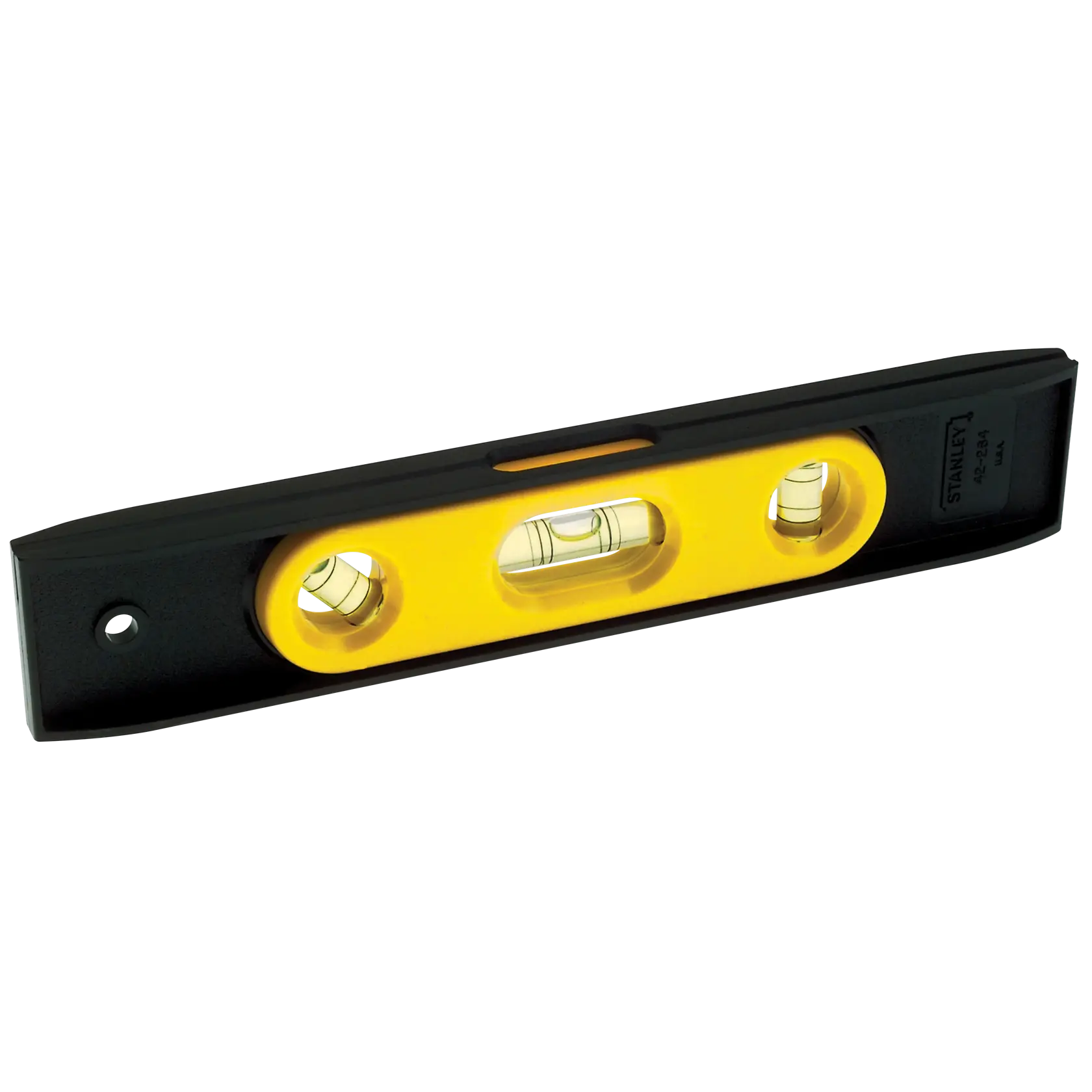 STANLEY 42-264 nivel de burbuja tipo box beam, amarillo y negro, fotografía, vista en ángulo sobre fondo blanco.