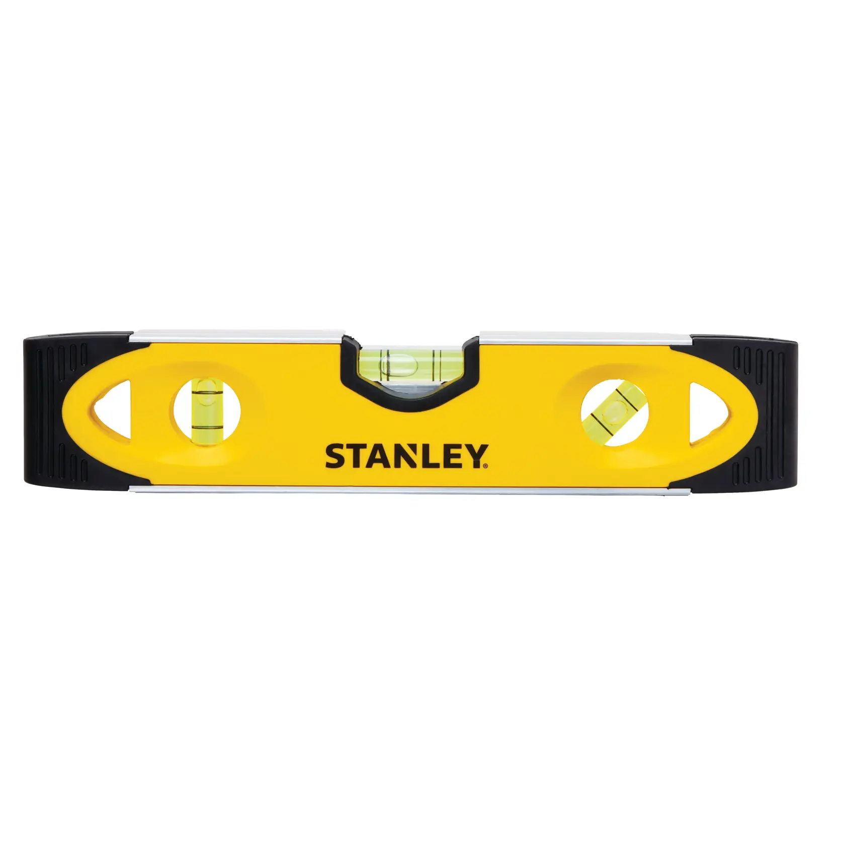 Vista frontal de un nivel de burbuja STANLEY amarillo y negro con tres viales sobre fondo blanco.