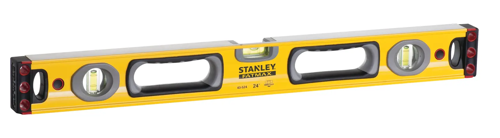 Nivel de burbuja amarillo STANLEY 43-524 con dos asas y tres viales, fotografía del producto sobre fondo blanco.