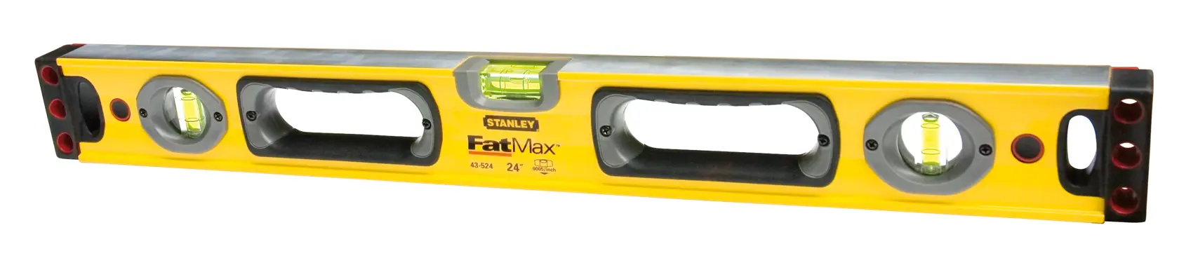Stanley FatMax nivel de caja 24 pulgadas, vista lateral, cuerpo amarillo con tres burbujas y dos asas