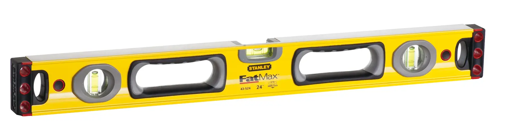 Stanley 43-524 nivel de caja amarillo FatMax con tres burbujas, ángulo superior, fotografía.