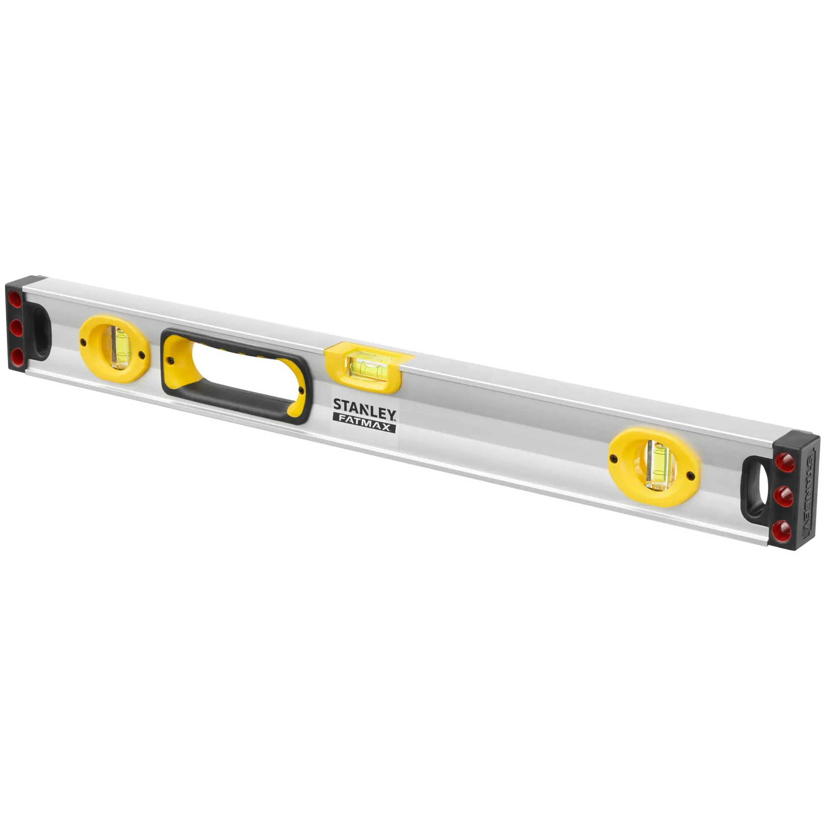 Nivel de burbuja STANLEY FATMAX vista lateral, cuerpo plateado con detalles amarillos y tres burbujas, tapas negras.