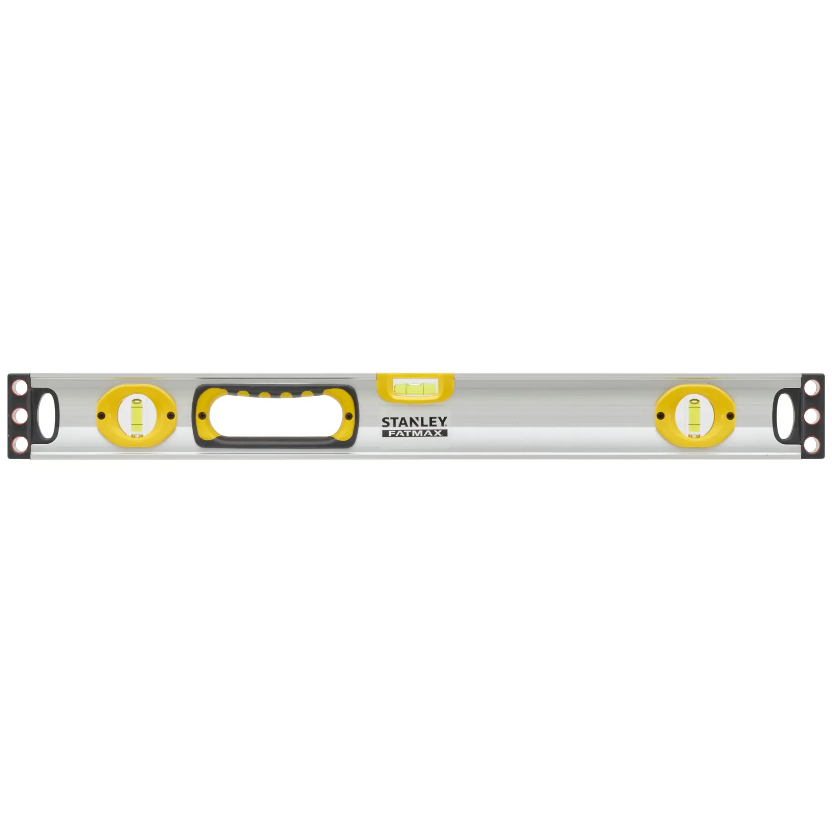 Nivel Stanley FATMAX vista frontal, cuerpo plateado con detalles amarillos y negros, tres burbujas, asa