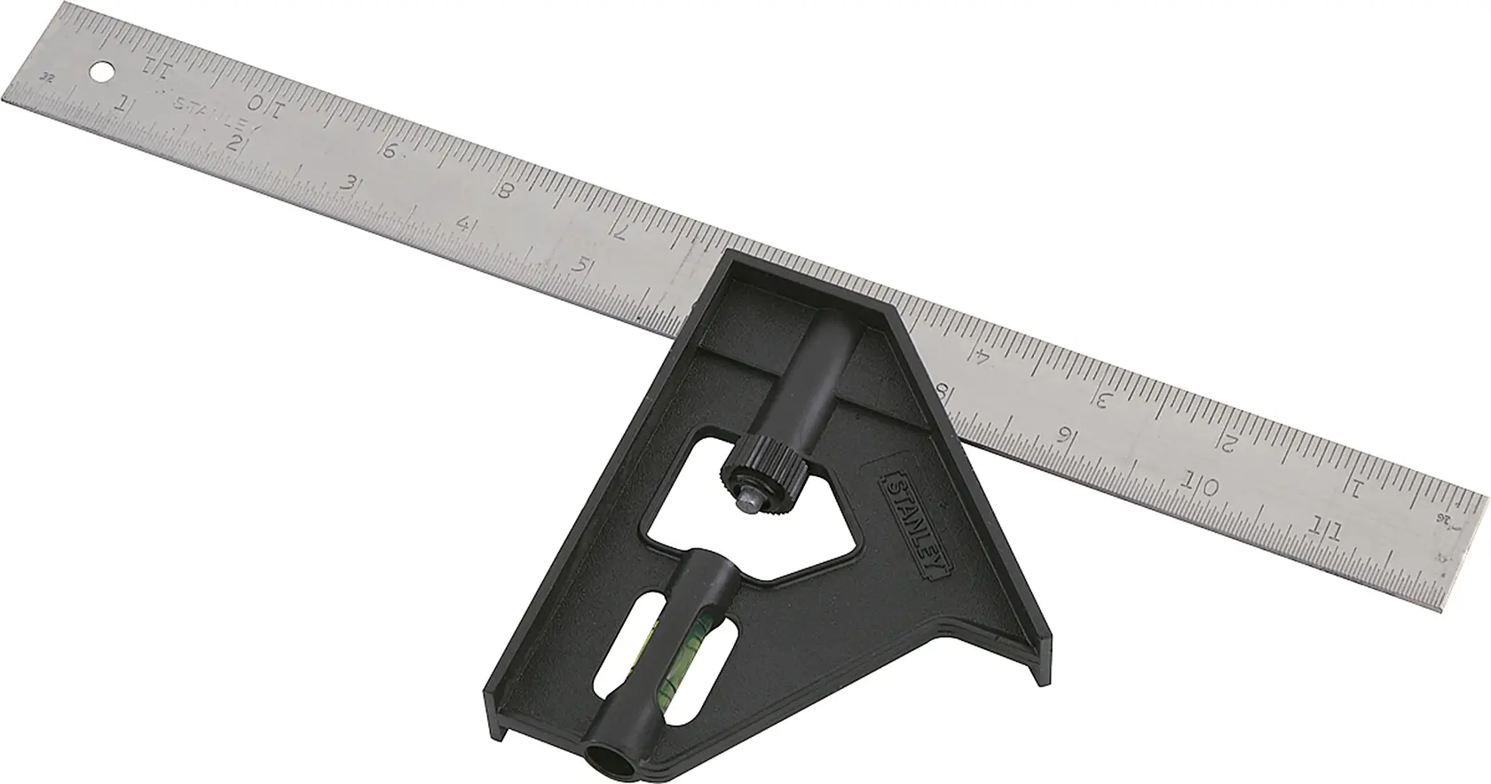STANLEY 46-012 escuadra combinada con mango negro y regla de acero inoxidable, ángulo superior sobre fondo blanco.