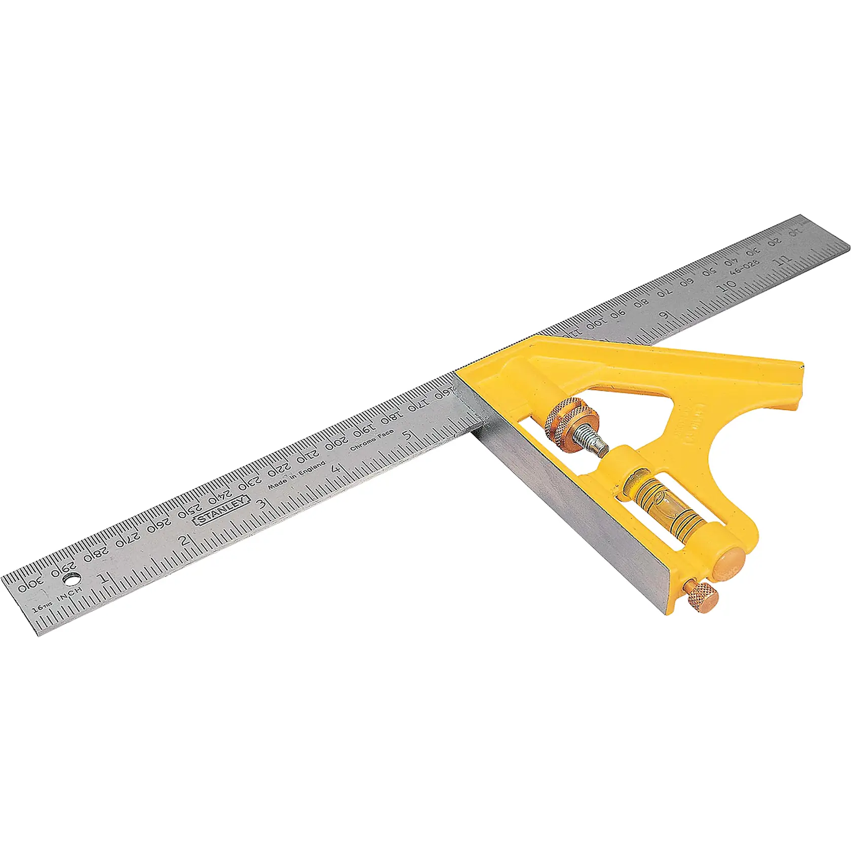STANLEY 46-028 escuadra combinada con mango amarillo y regla de acero inoxidable, ángulo superior sobre fondo blanco.