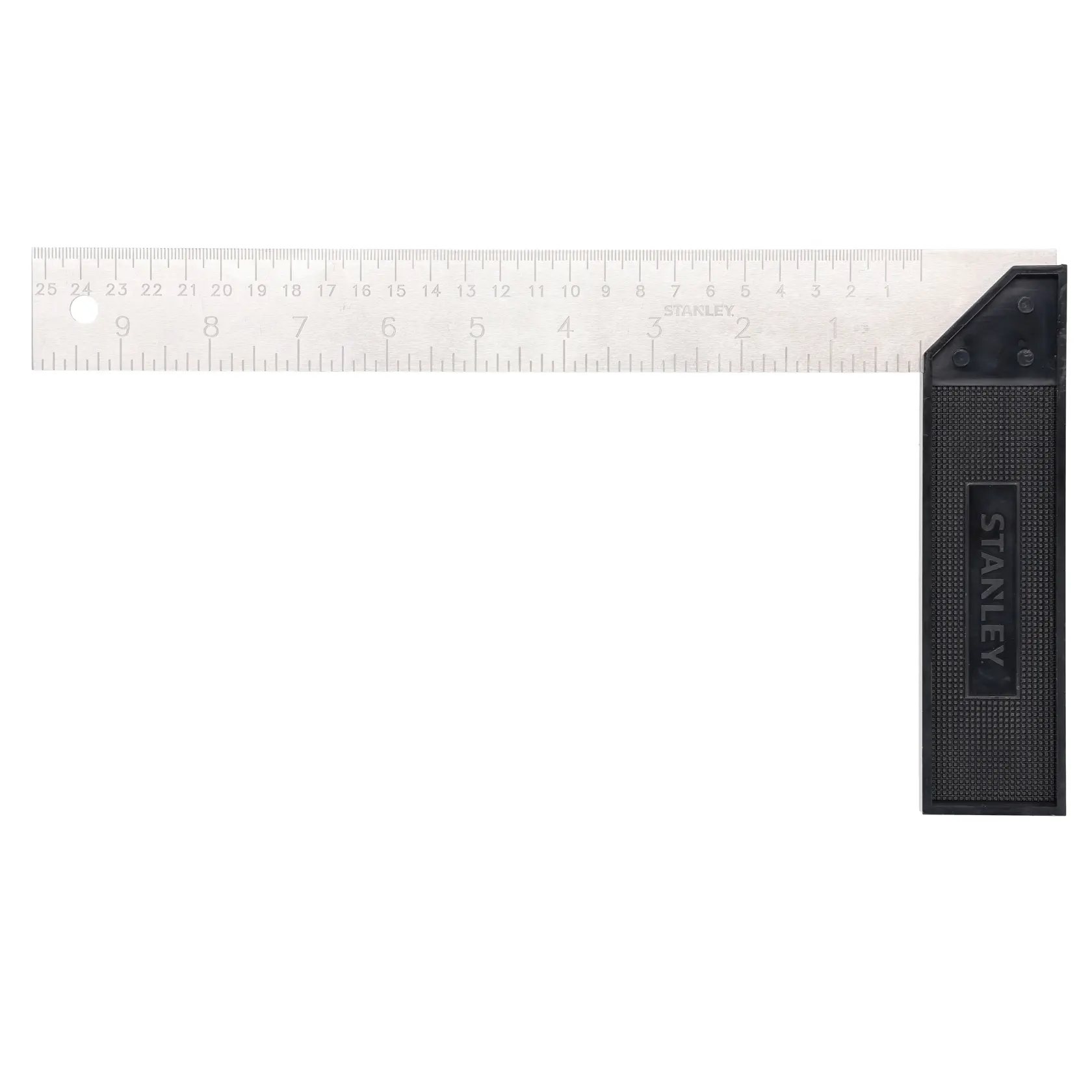 STANLEY 46-039 escuadra de acero con mango texturizado negro, ángulo frontal del producto sobre fondo blanco.