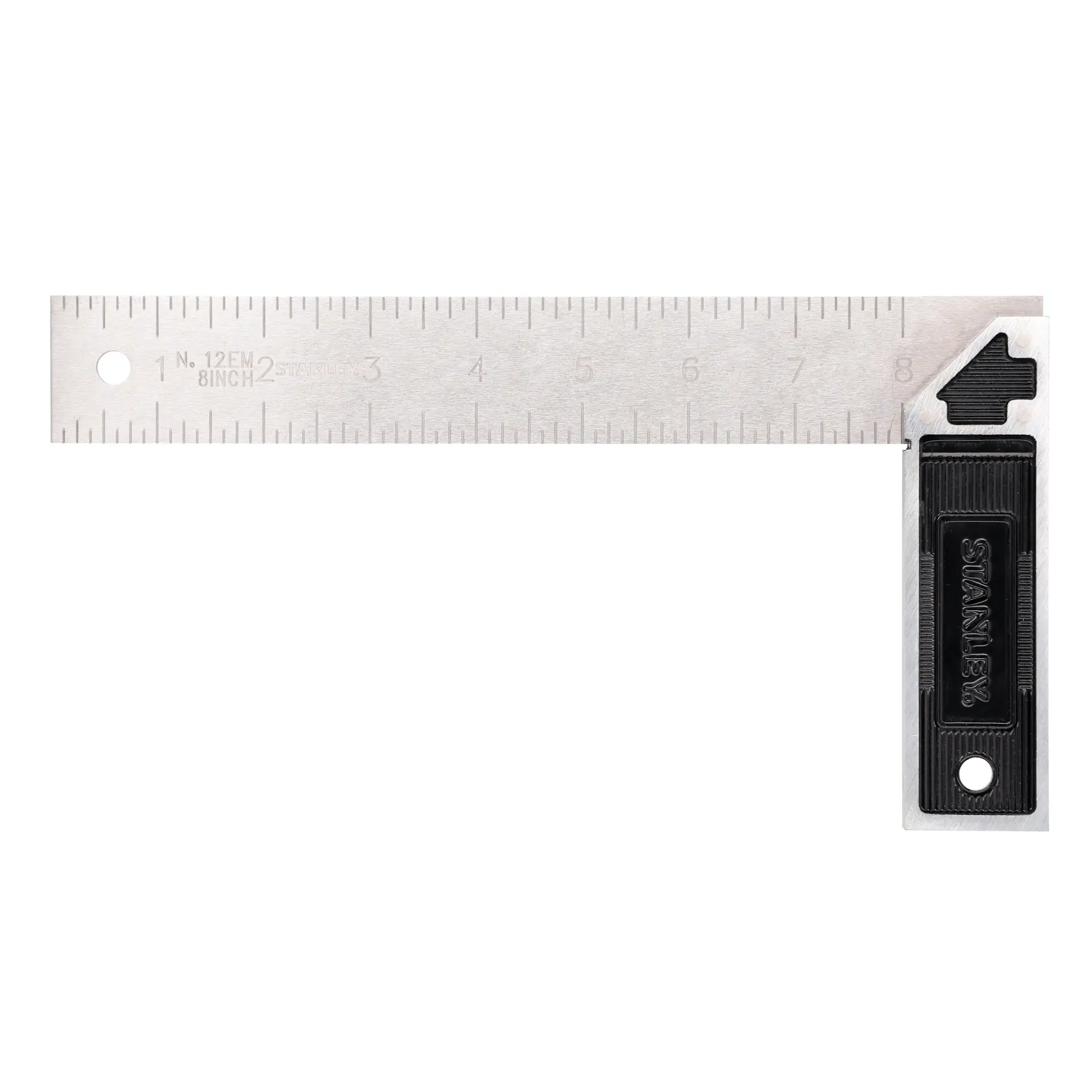 Escuadra de acero STANLEY 46-532 con mango negro, marcas en pulgadas claras, producto mostrado plano sobre fondo blanco.