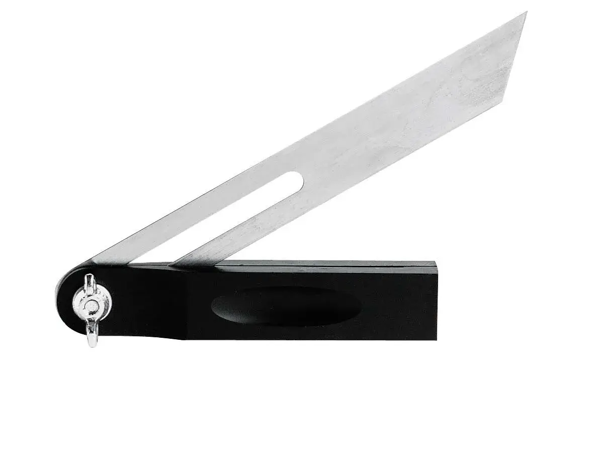 STANLEY 46-825 bisel ajustable con mango negro y hoja plateada, vista lateral sobre fondo blanco.