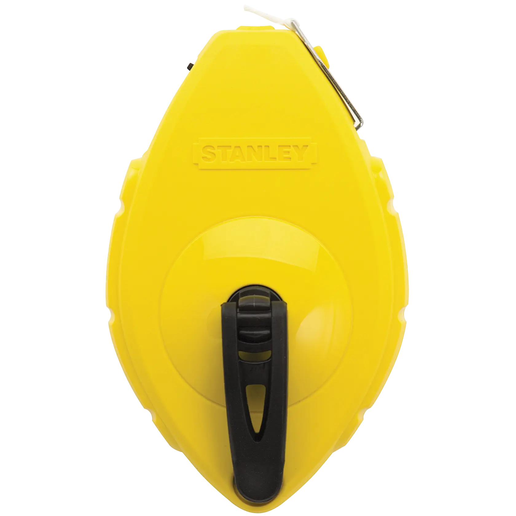 Stanley carrete de línea de tiza amarillo, vista frontal, mango negro y gancho metálico, fondo blanco