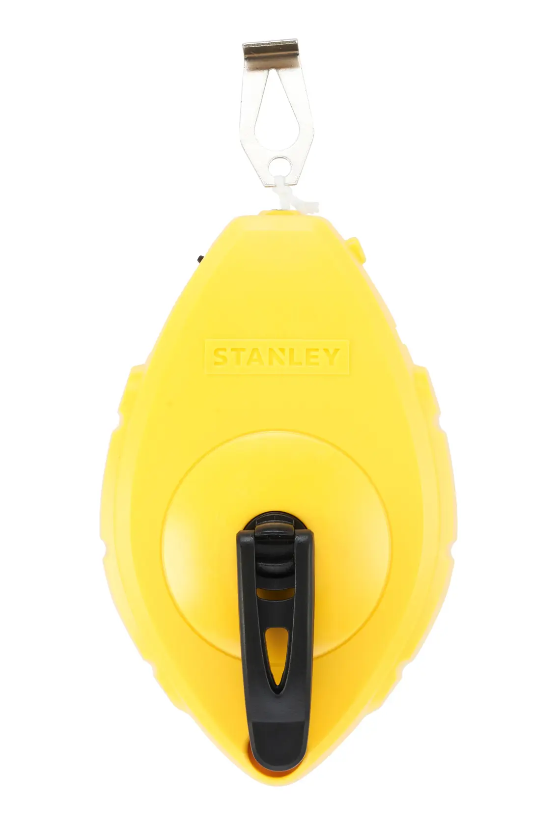 Herramienta de línea de tiza STANLEY 47-440, estuche de plástico amarillo, ángulo frontal, enrollador negro y gancho metálico visibles.