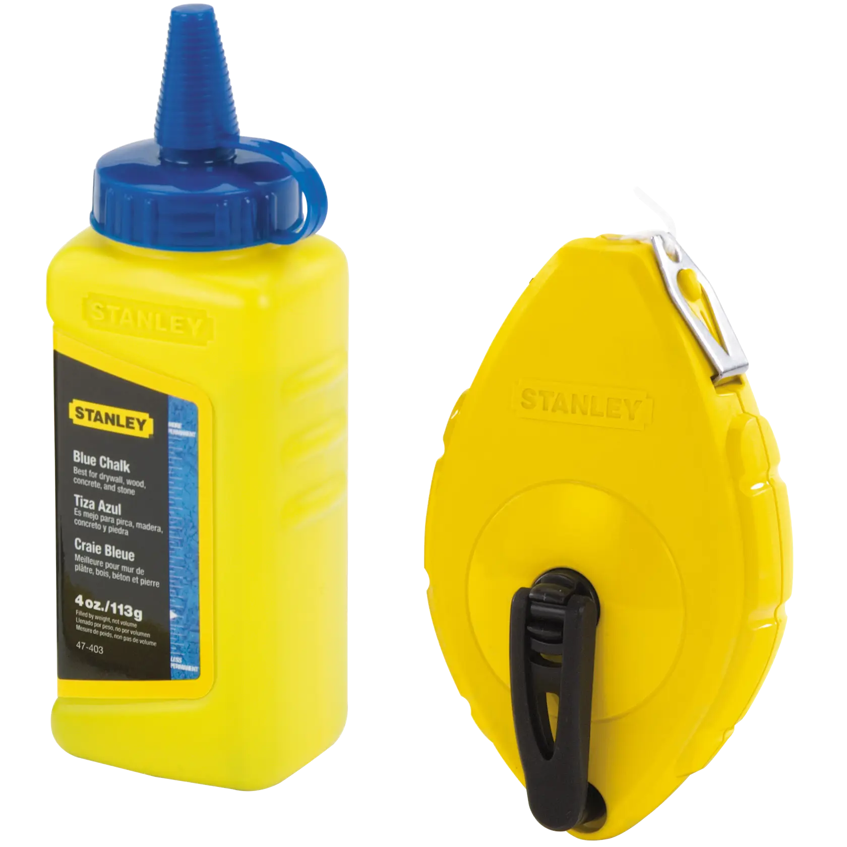 STANLEY 47-442 carrete de línea de tiza y botella de tiza azul, plástico amarillo, ángulo frontal sobre fondo blanco.