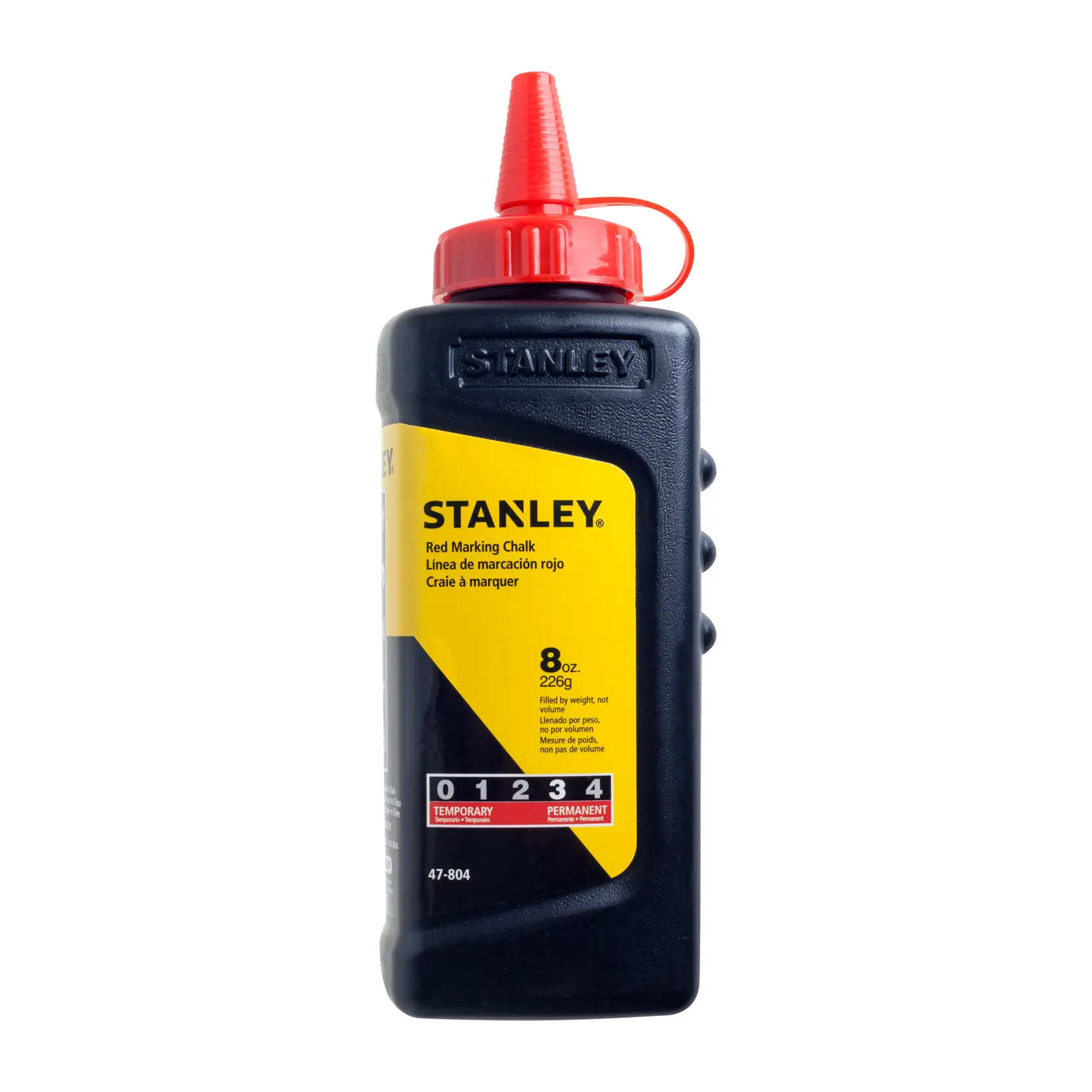 Botella de tiza roja para marcar STANLEY 47-804LA, 8 oz, envase negro con etiqueta amarilla y tapa roja, vista frontal.