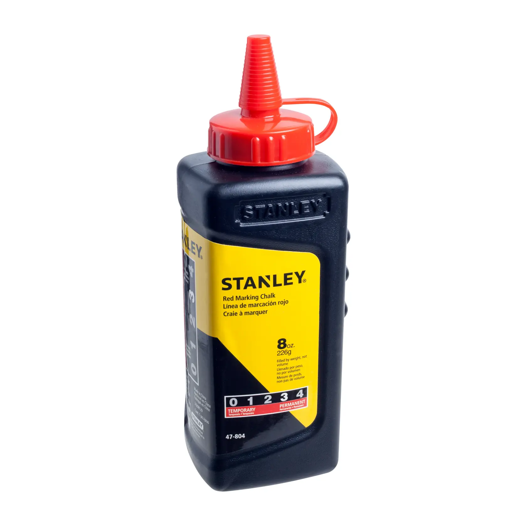 STANLEY 47-804LA botella de tiza roja para marcar con etiqueta amarilla y tapa roja, fotografía de producto sobre fondo blanco.