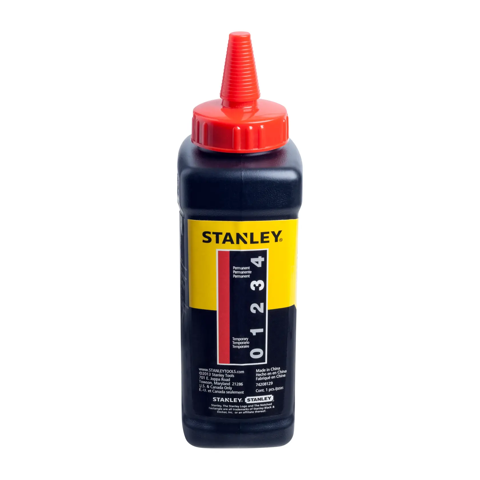 STANLEY 47-804LA botella de tiza de marcado con boquilla roja, fotografía de producto, ángulo frontal sobre fondo blanco.