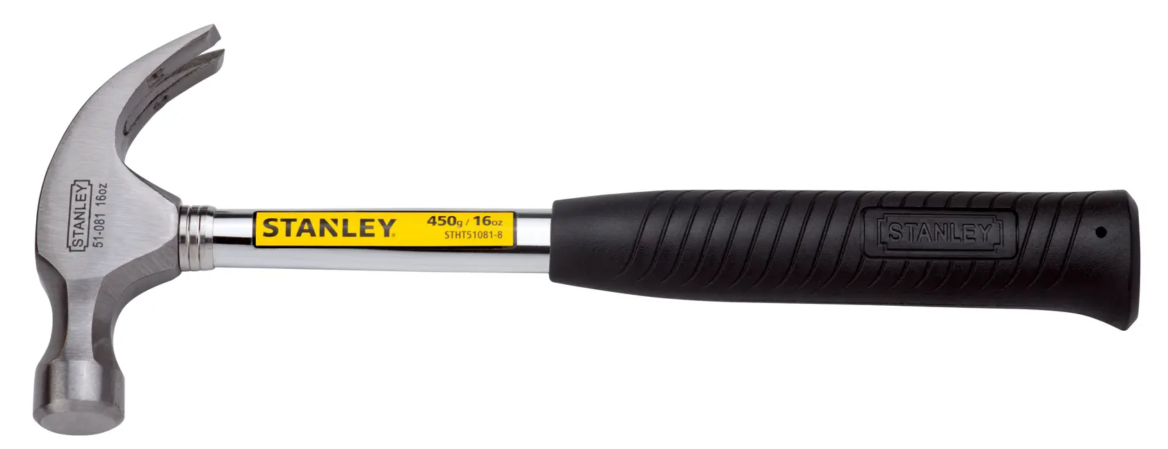 Fotografía de martillo de uña STANLEY 51-081 con mango negro, cabeza plateada y etiqueta amarilla, vista lateral.