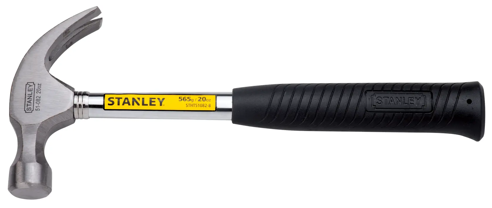Martillo de garra Stanley con mango negro y cabeza plateada, modelo 51-082, para carpintería y reparaciones.