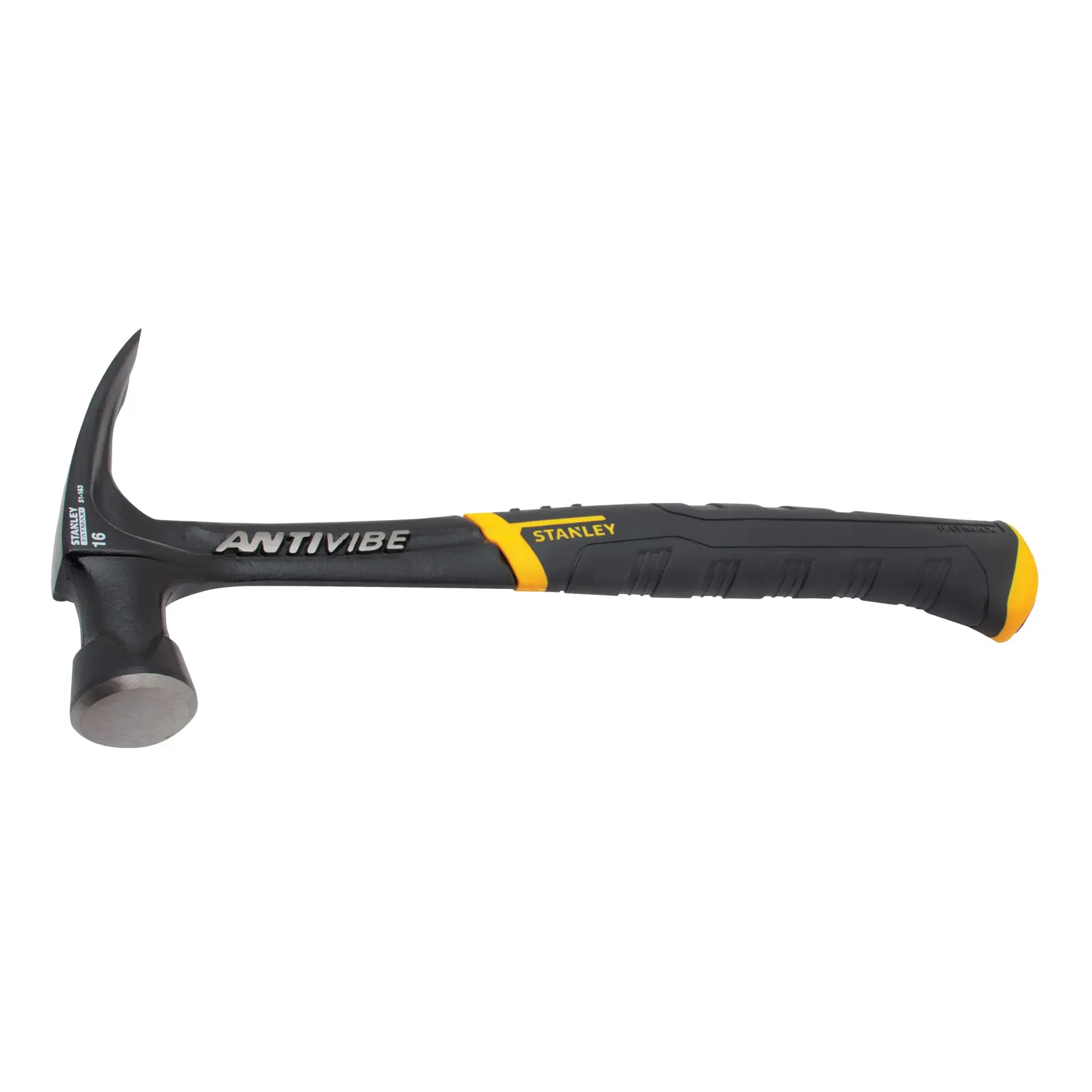 STANLEY 51-163 martillo de garra negro y amarillo, mango AntiVibe, vista lateral.