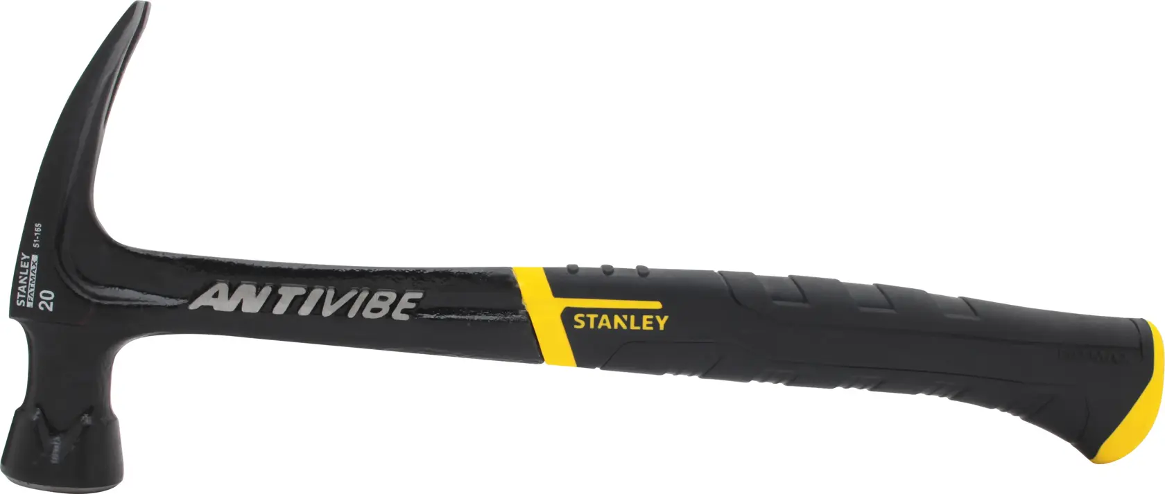 Fotografía de martillo de uña STANLEY 51-165 con mango negro y amarillo antivibración, vista lateral sobre fondo blanco.