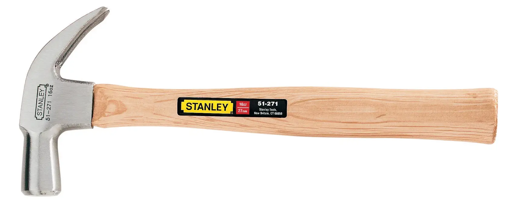 Martillo de garra STANLEY 51-271 con mango de madera natural, vista lateral, sobre fondo blanco.