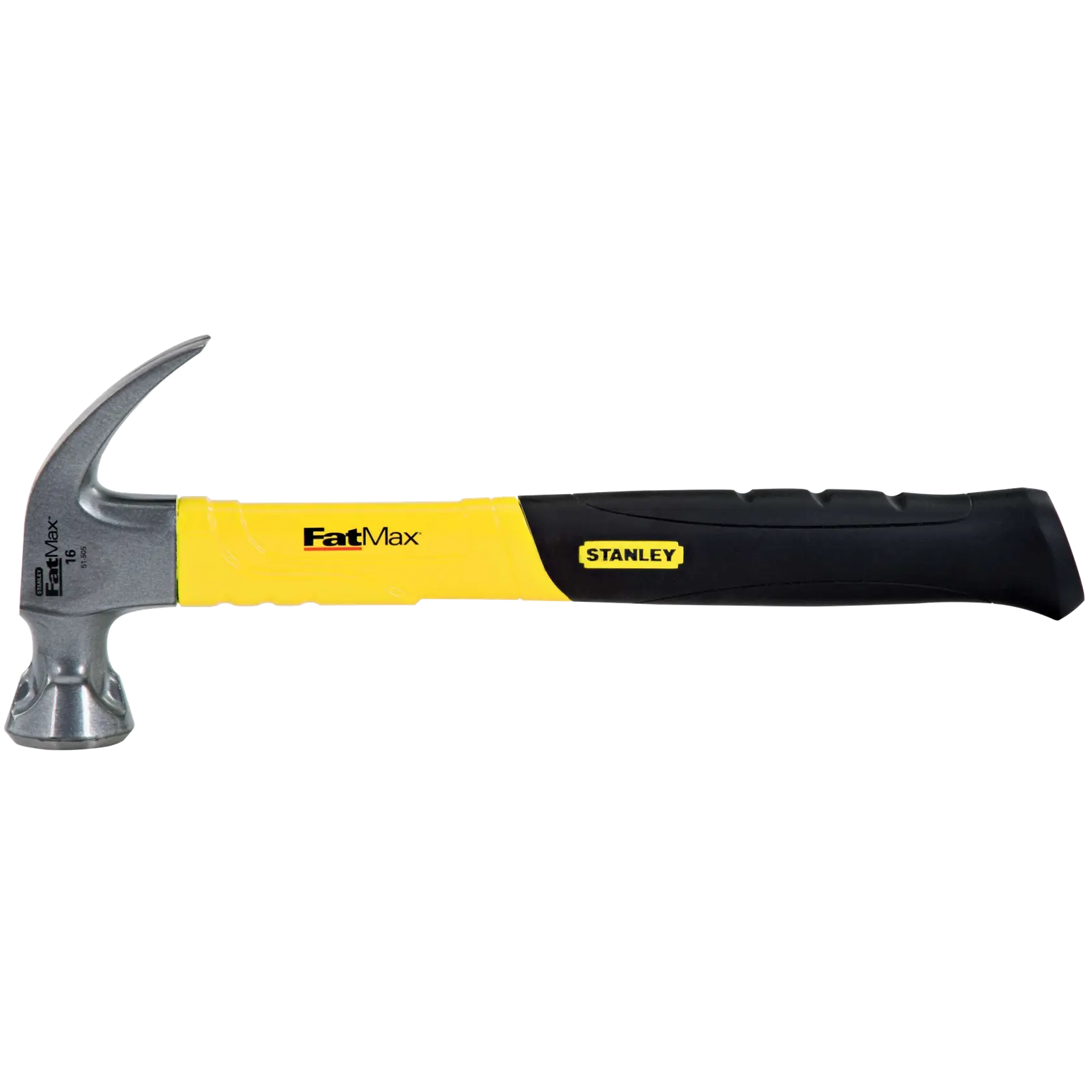 STANLEY 51-505 martillo de uña con mango amarillo y negro, vista lateral, marca FatMax, herramienta manual.