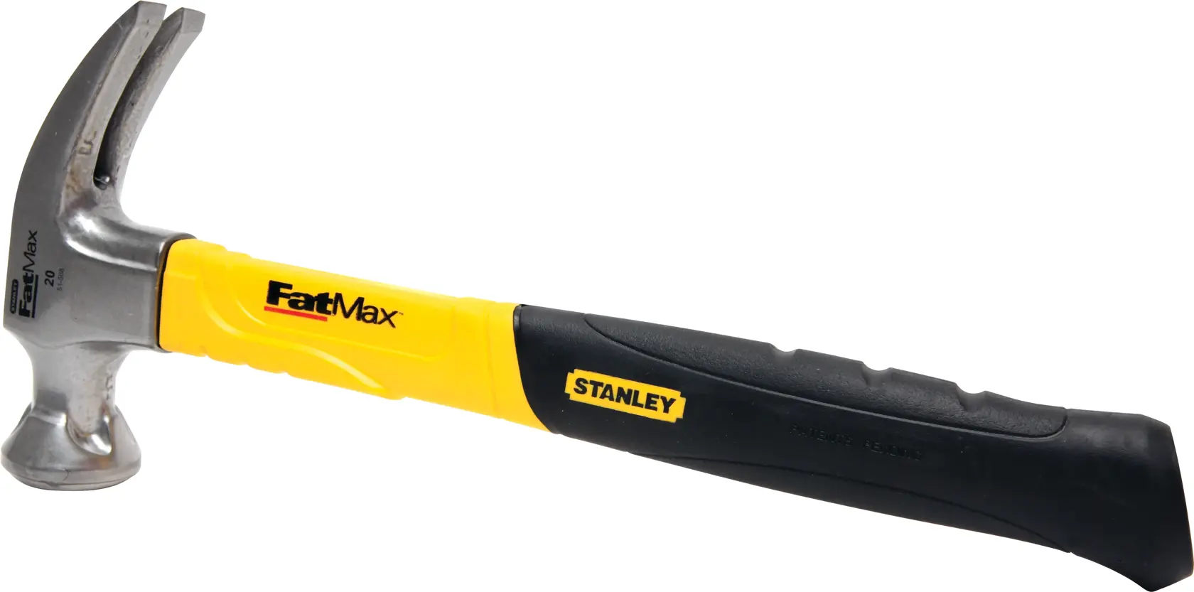 Fotografía de martillo de garra STANLEY 51-508 FatMax con mango amarillo y negro, vista lateral sobre fondo blanco.