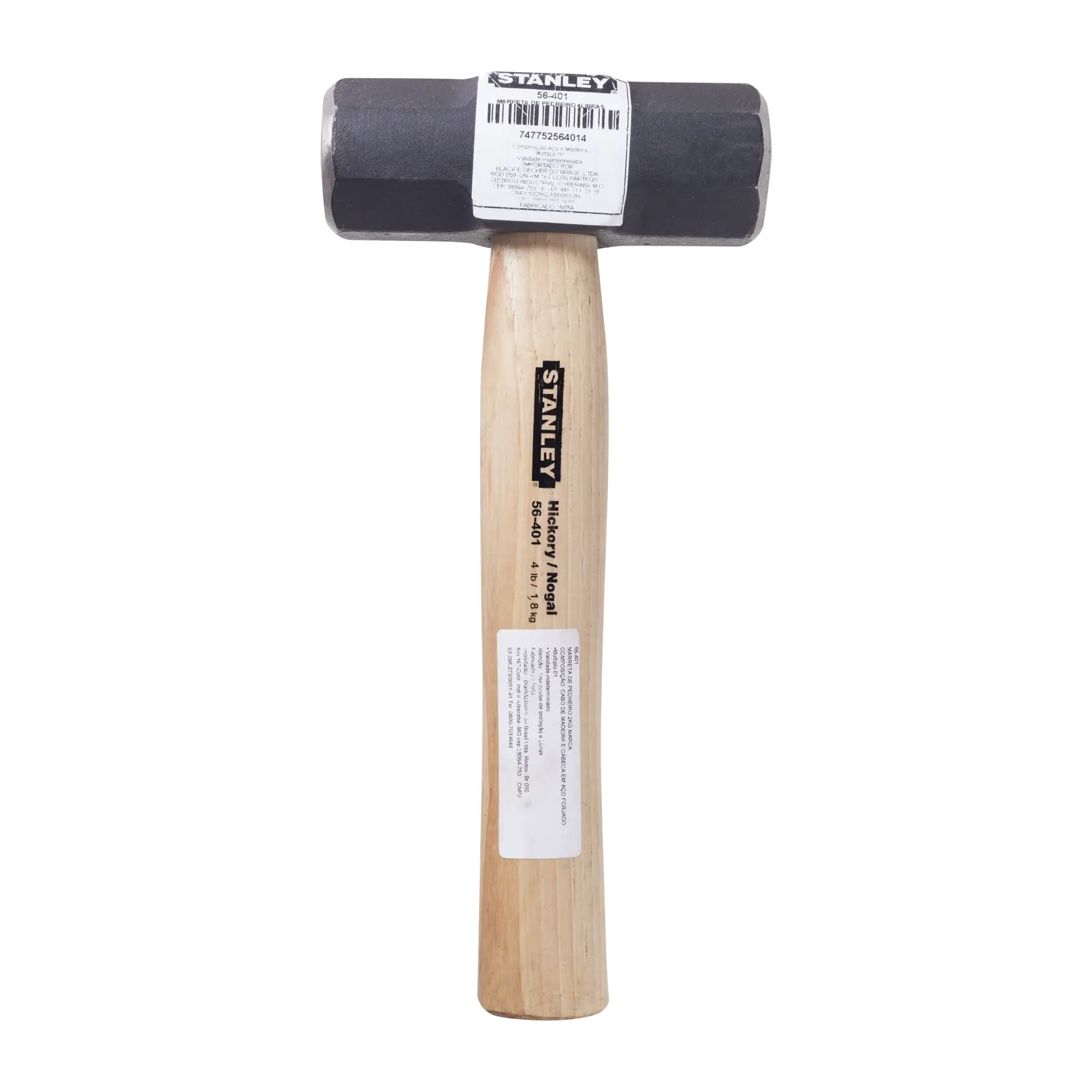 Martillo de percusión STANLEY 56-401 con cabeza de metal negro y mango de madera de nogal, vista frontal, fondo blanco.