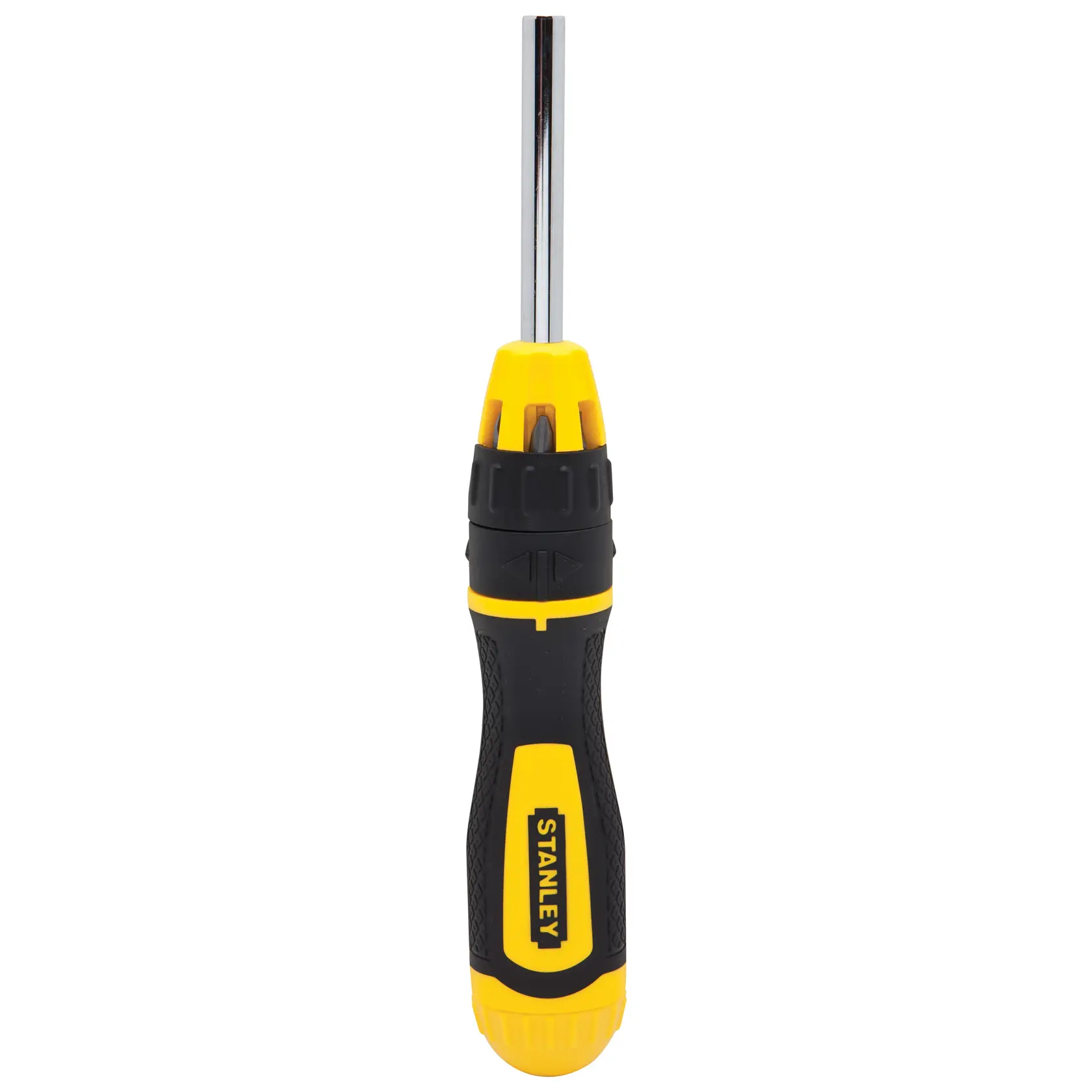 Stanley destornillador multibits vista frontal con mango ergonómico amarillo y negro sobre fondo blanco