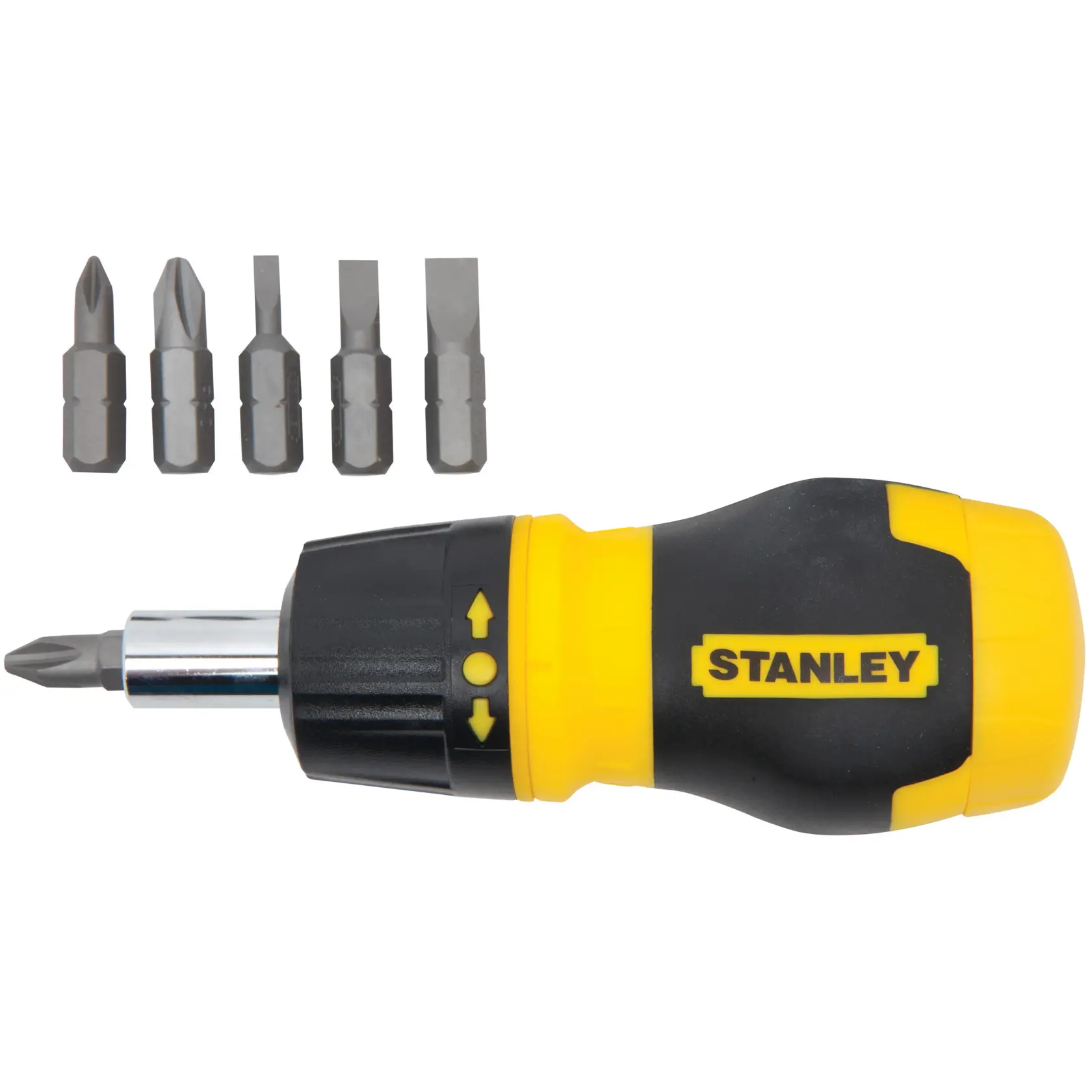 Destornillador de carraca Stanley con mango amarillo y negro, vista lateral, incluye cinco puntas surtidas sobre fondo blanco.