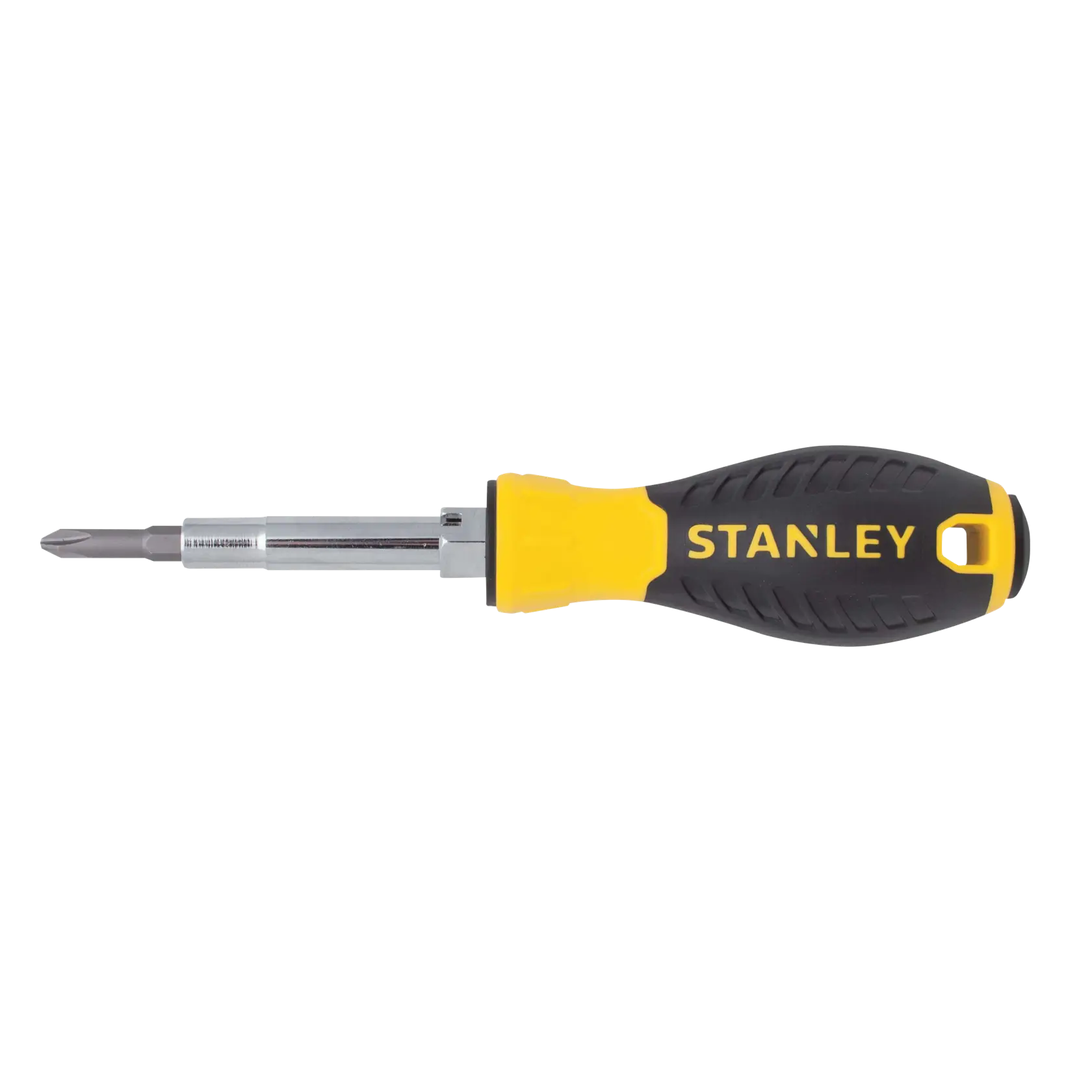Stanley destornillador multibit vista lateral con mango ergonómico negro y amarillo sobre fondo blanco