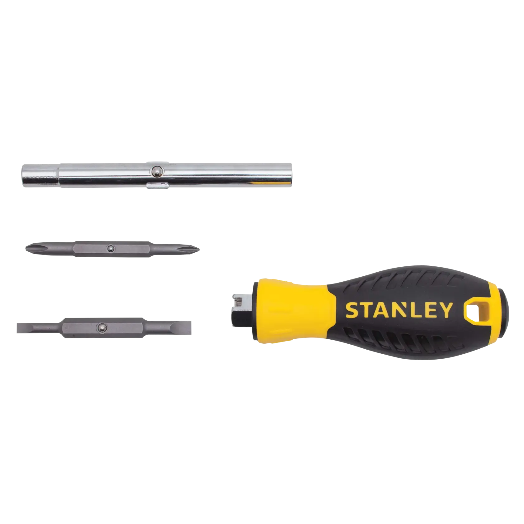 Stanley juego de destornillador stubby, plano cenital sobre fondo blanco con mango, eje y puntas intercambiables
