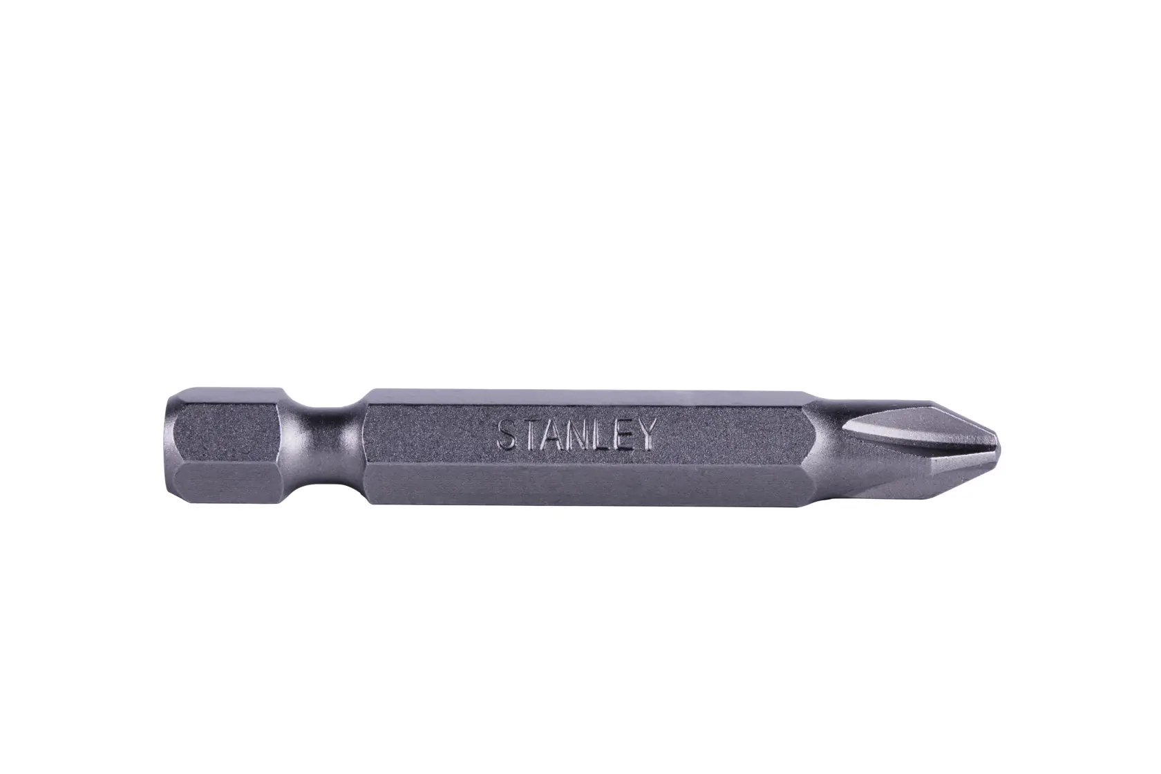 Broca para destornillador STANLEY 68-076, metal gris, vástago hexagonal, vista lateral sobre fondo blanco.