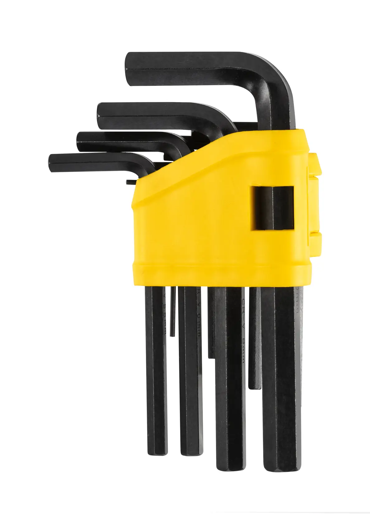 Juego de llaves hexagonales STANLEY 69-253 utilizado para ensamblar muebles de madera, ángulo en primer plano.