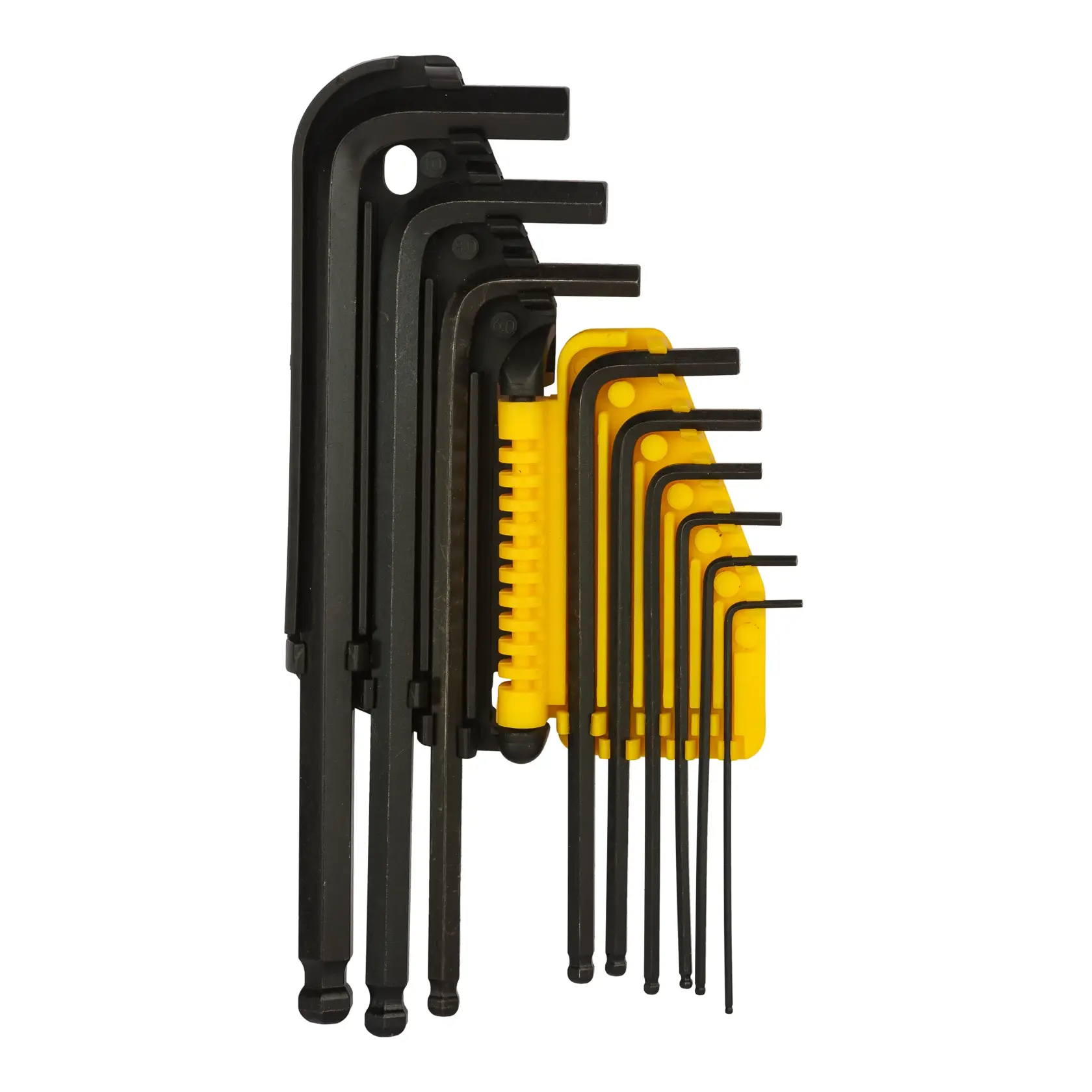 STANLEY 69-256-KR juego de llaves hexagonales con soporte amarillo, herramientas negras en L, ángulo frontal.